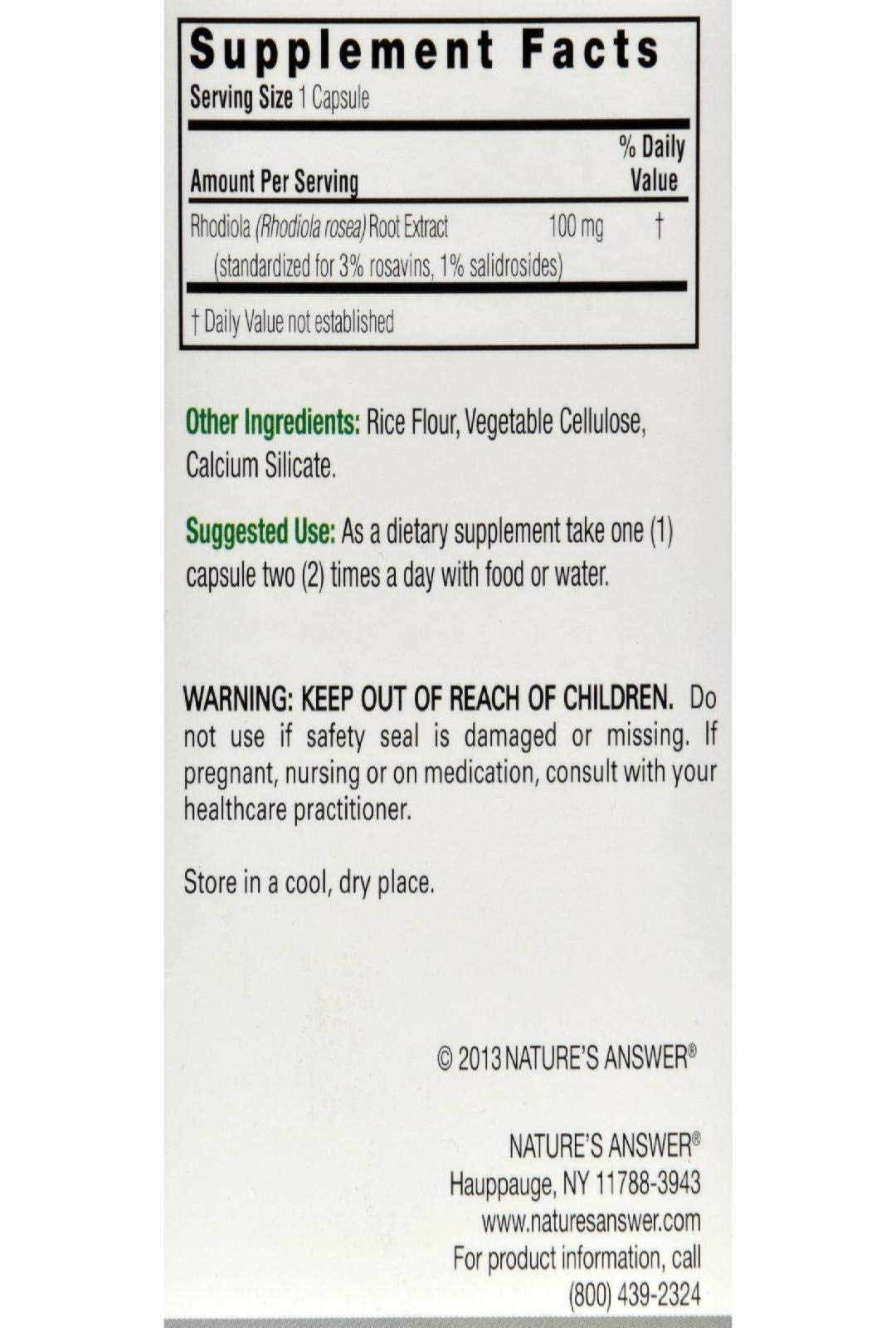 Nature's Answer Rhodiola Root Vegetarian Capsules 60 Capsules