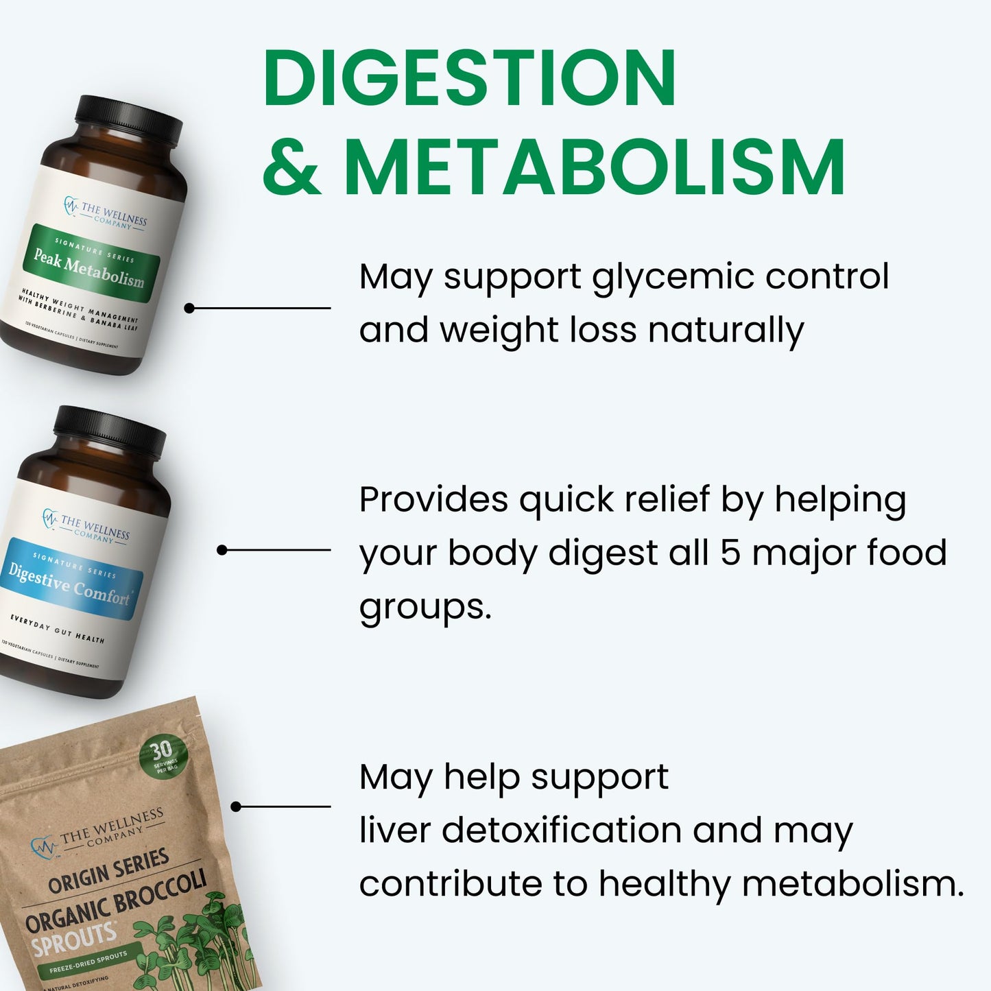 The Wellness Company Digestive Comfort - Bloat & Gas Relief, Anti-Heart Burn, IBS, Fast Acting, Gut Health - 5 Enzymes, Peppermint & Ginger Root Capsule 60 Count