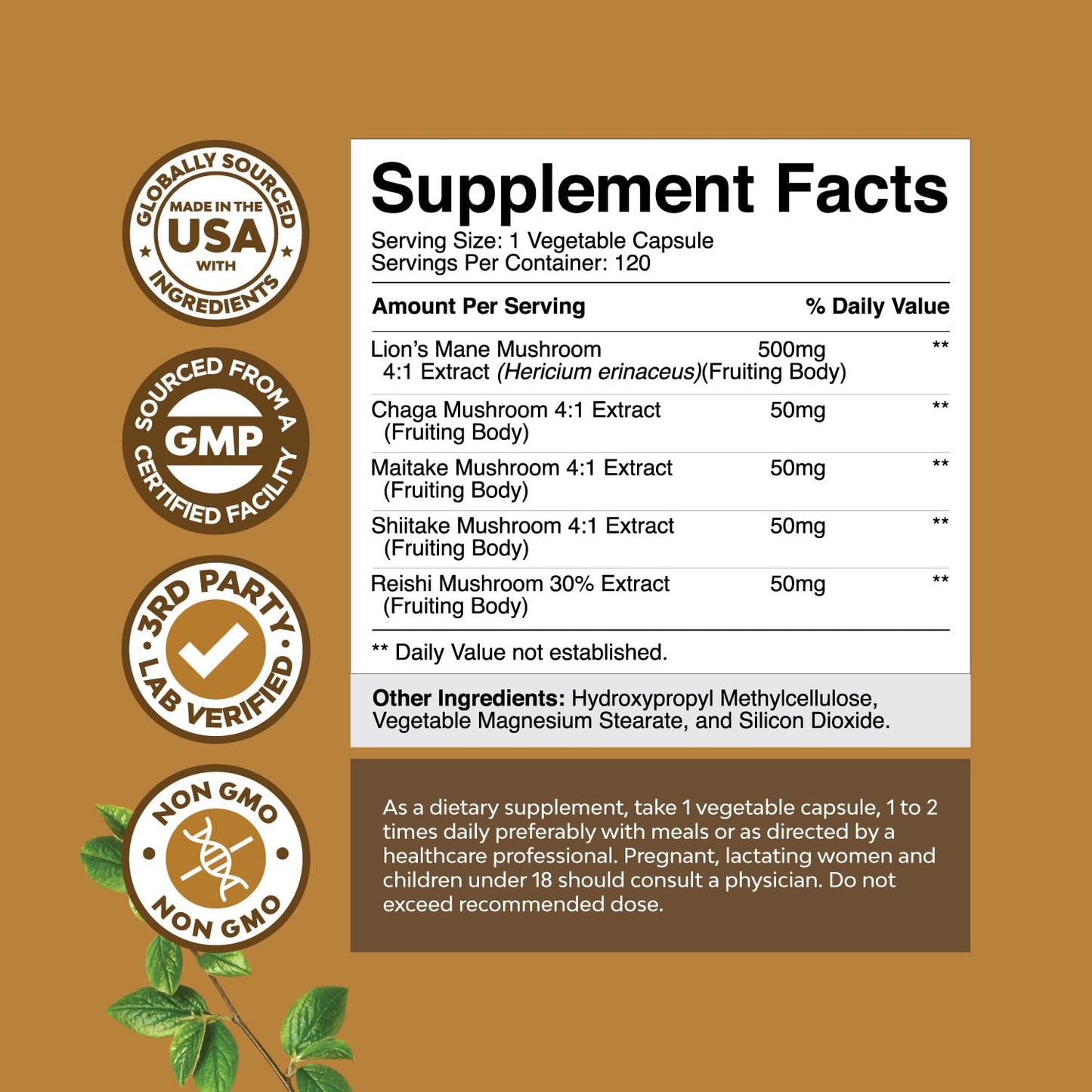 Natures Craft Advanced Lion's Mane Mushroom Supplement Capsules with Reishi, Chaga, Maitake & Shiitake for Brain Health, Memory Support & Focus - Nootropic for Mental Clarity, 120 Capsules