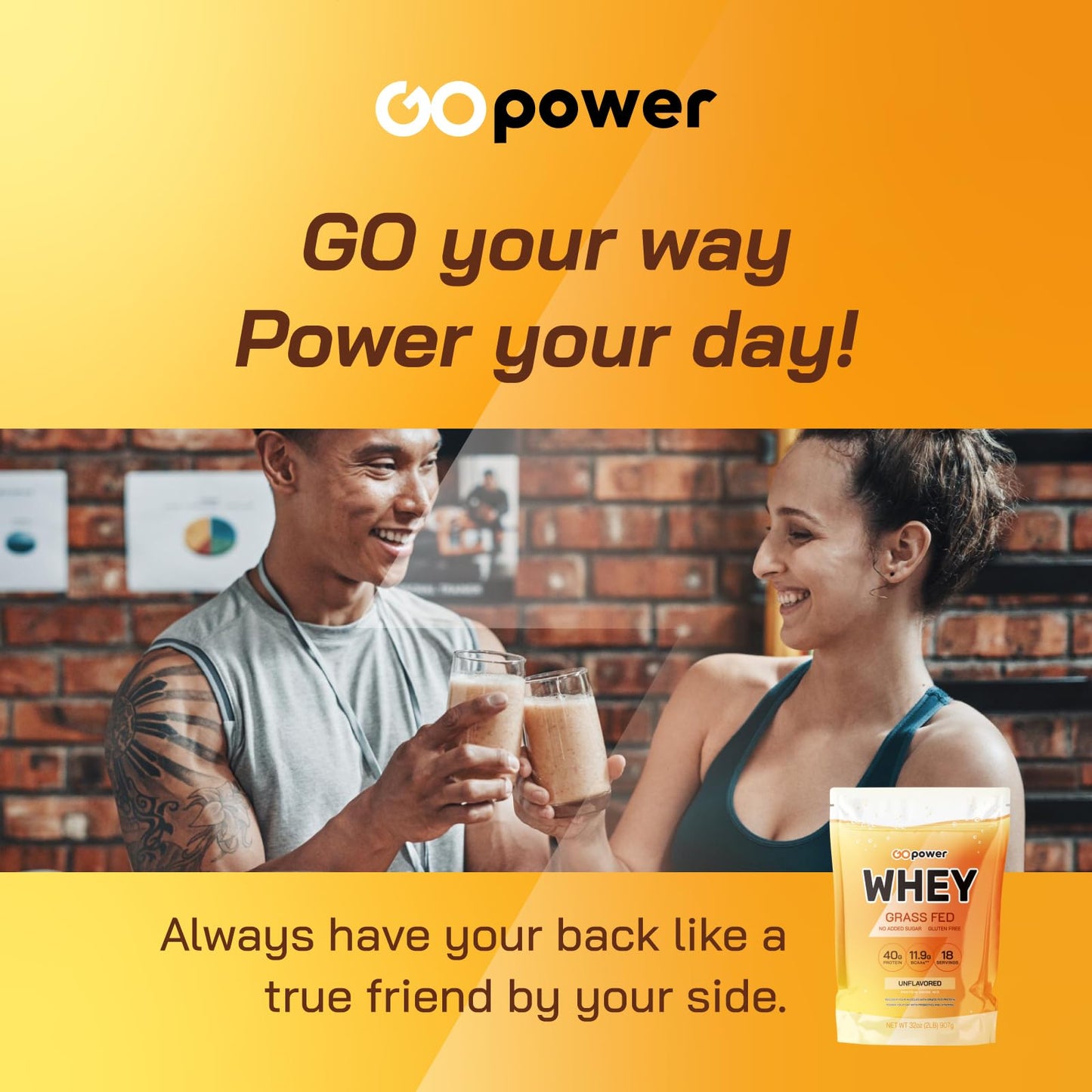 GOPOWER Whey Protein Powder with BCAAs, Grass Fed Protein Powder, 2 Pound, 32 Servings