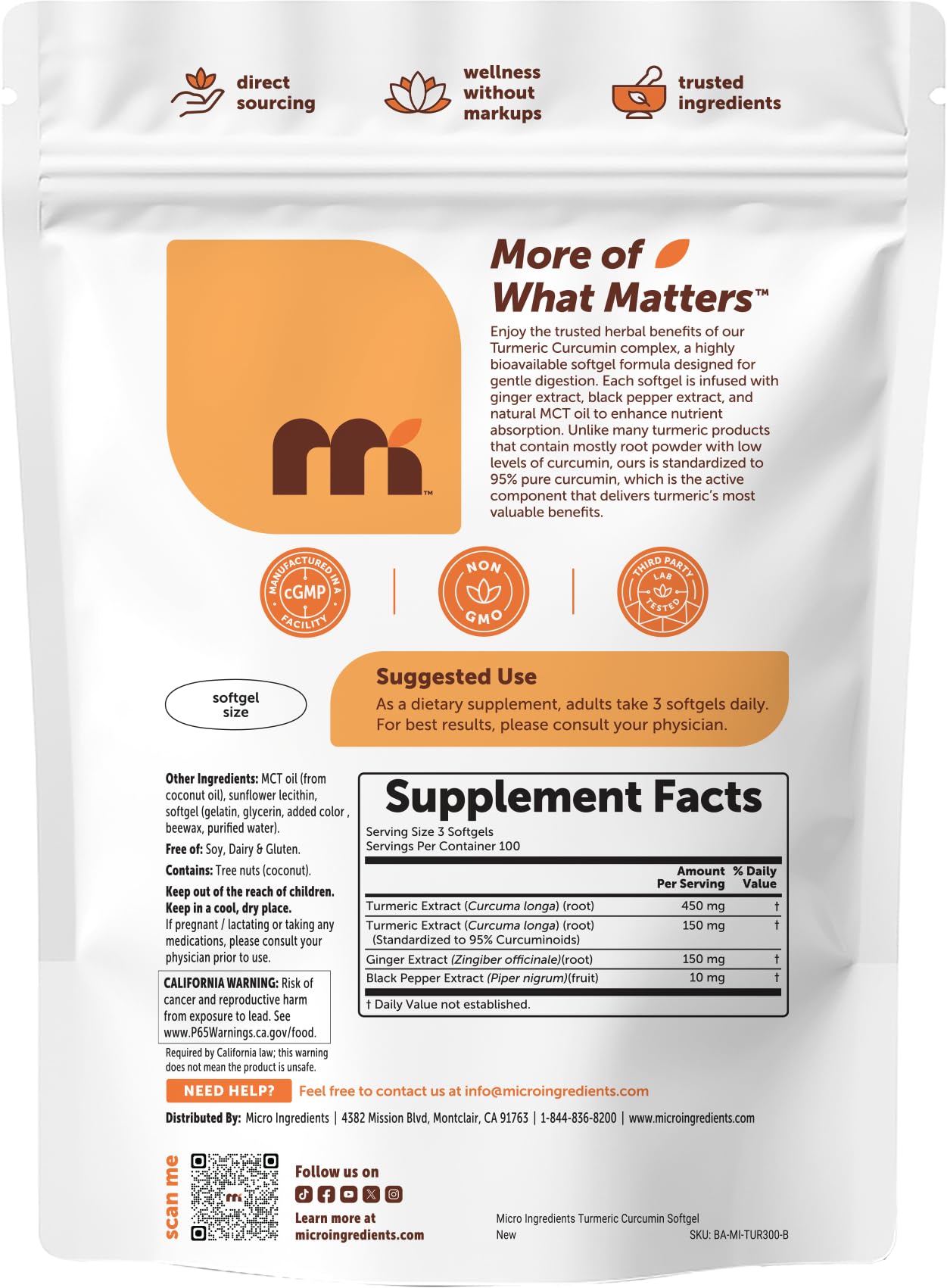 Micro Ingredients Turmeric Curcumin Supplement with Black Pepper & Ginger 300 Softgels