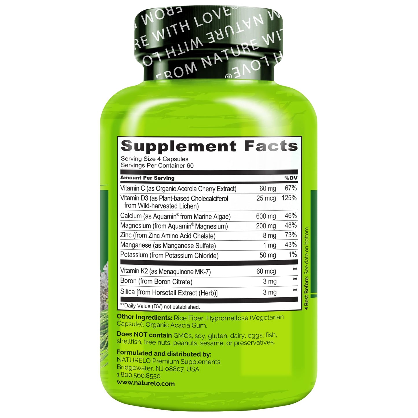 NATURELO Calcium Supplement with Vitamin D3 600mg, 240 Capsules