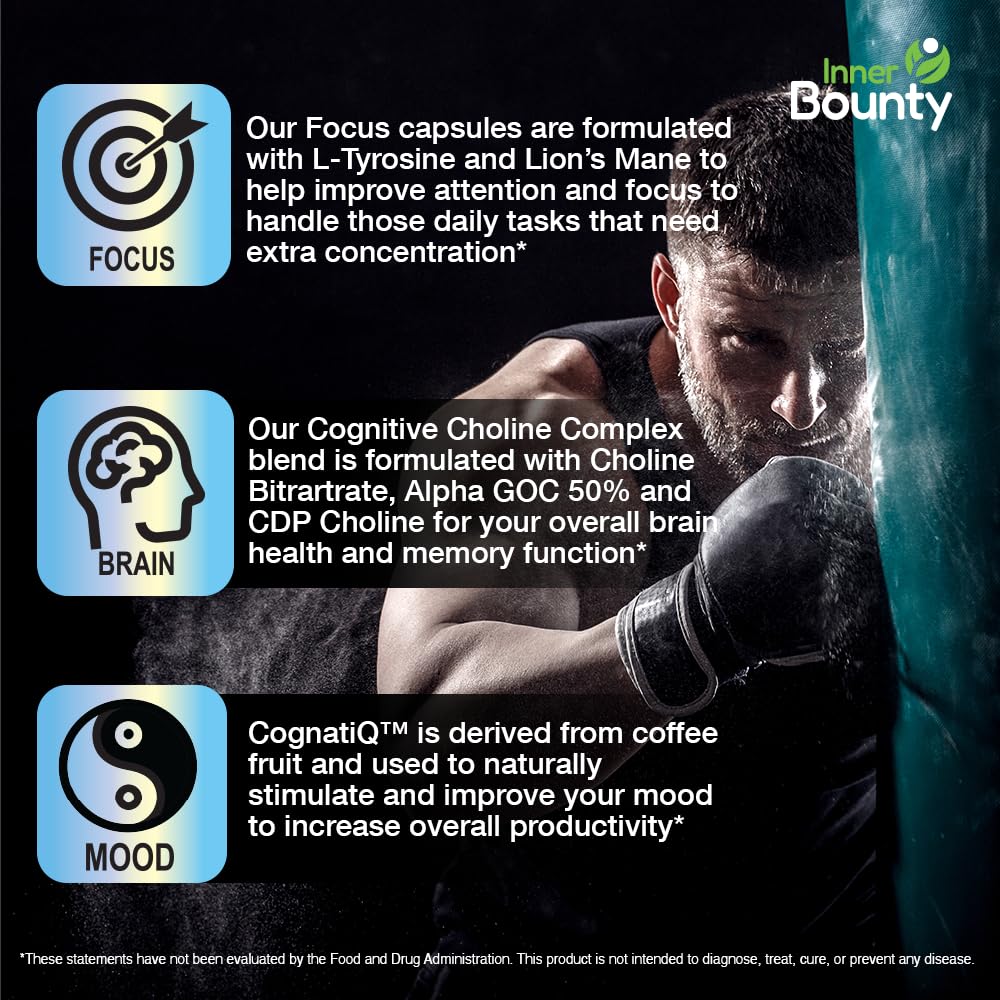 Inner Bounty Focus 14-in-1 Nootropic Brain Supplement with Lions Mane, Alpha GPC Choline, Vitamin C & B12, Taurine, Bacopa - Energy, Cognitive, Memory Support Capsule, 60 Count