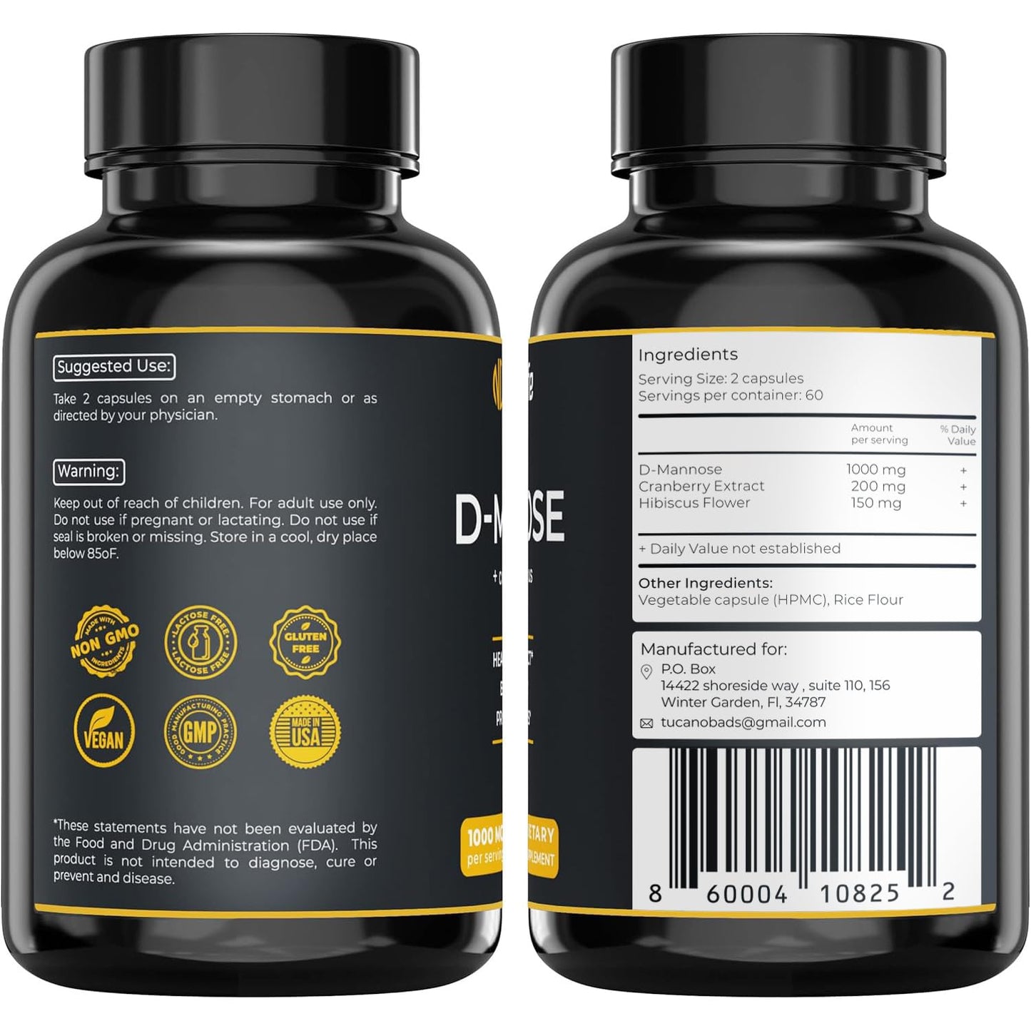 Tucano Bads D-Mannose 1000mg Capsules with Cranberry and Hibiscus for Urinary Tract Support, 1 Count