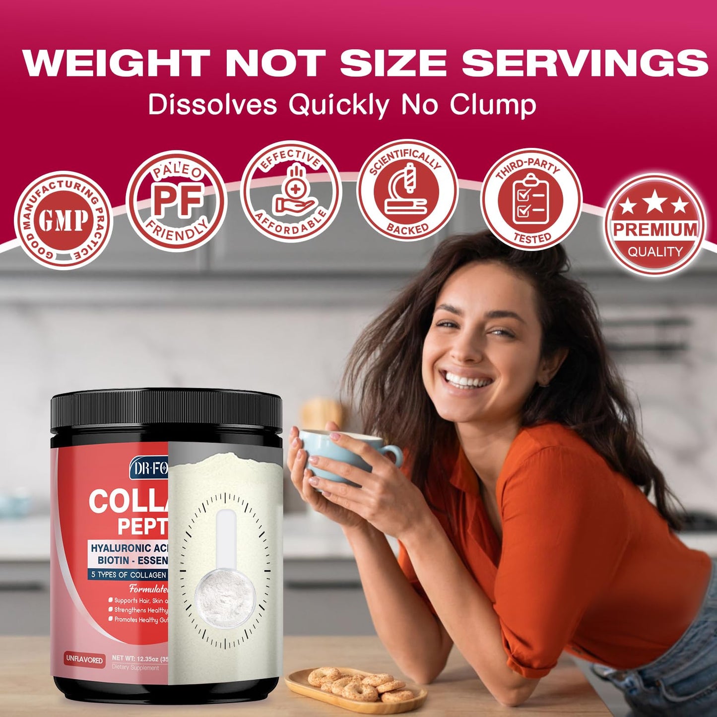 DRFOSTER Multi Collagen Peptides Powder with Probiotics - Type I II III V X - Hydrolyzed Collagen Peptides with Multivitamins, Hyaluronic Acid & Biotin - Support Skin Hair Nail Joints & Gut, 12.35 Ounce