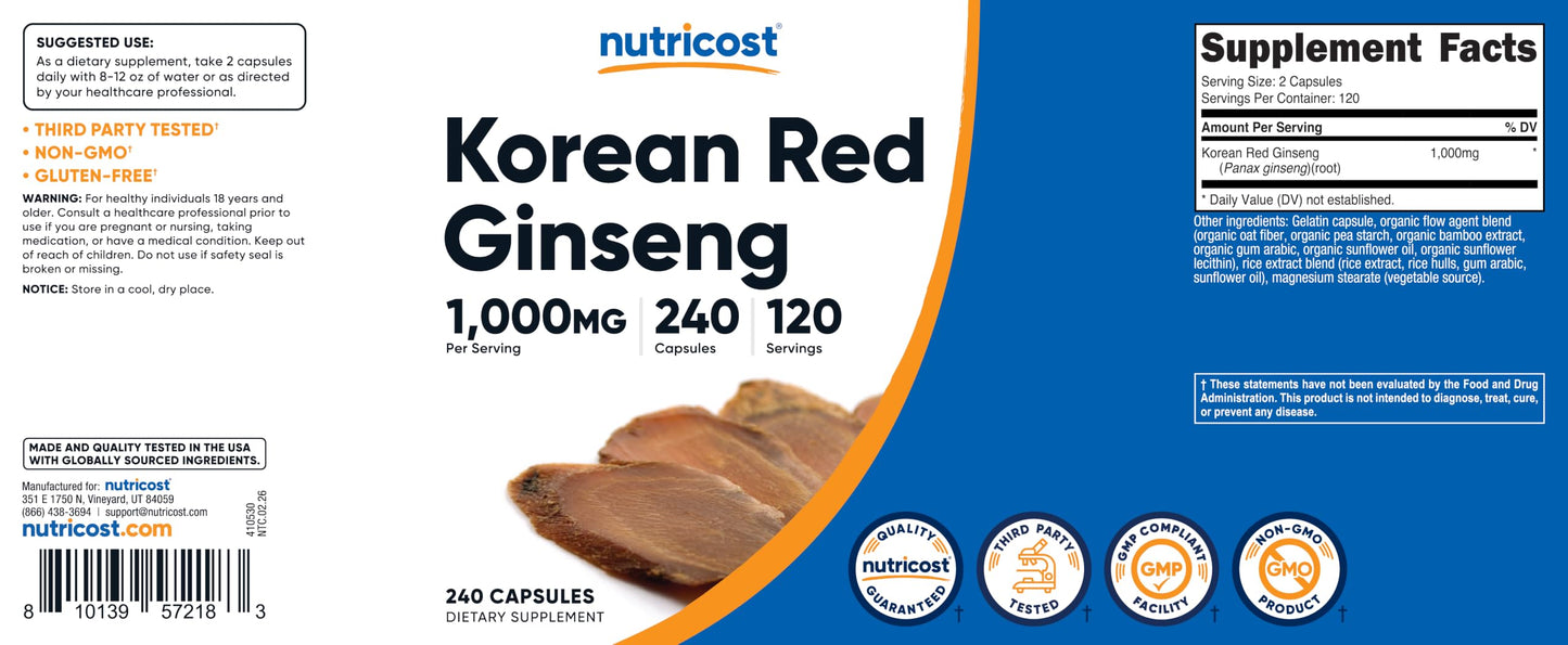 Nutricost Korean Ginseng 1000mg Capsules, 240 Count