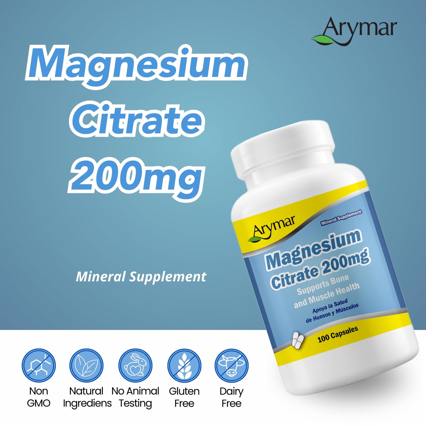 Arymar Magnesium Citrate 1250mg High Potency Magnesium Supplement, Capsule, 100 Capsules