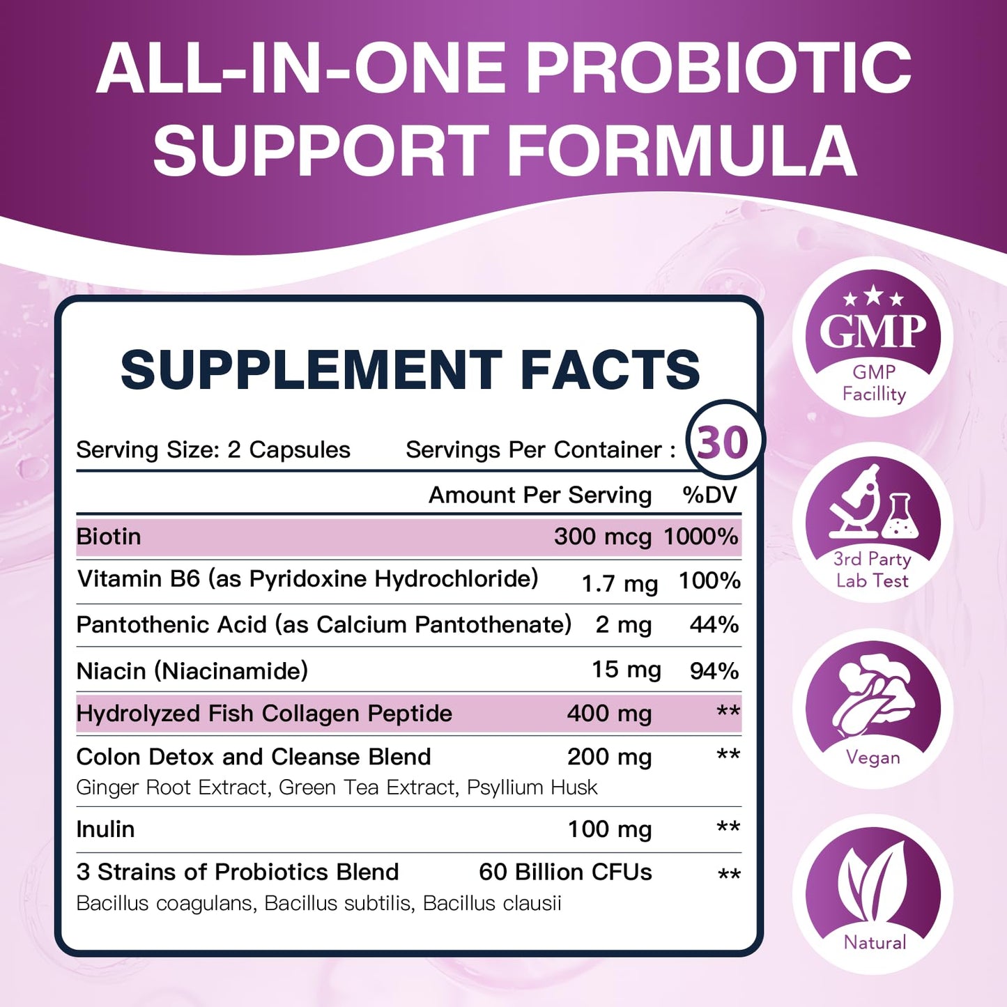 DRFOSTER Probiotics for Women Digestive Health with 60 Billion CFU 3 Spores, Skin Probiotics for Gut and Skin Health with Collagen & Biotin, 60 Capsules