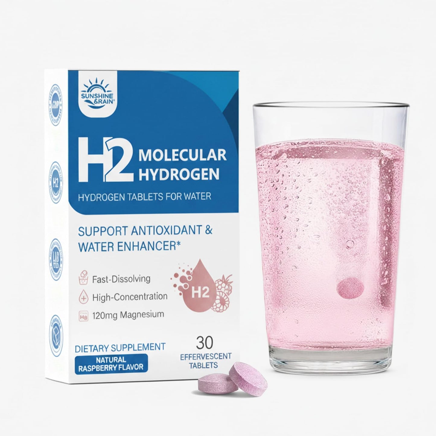 Sunshine & Rain Molecular Hydrogen Tablets with 120 mg Magnesium – 16 PPM Hydrogen Water Tablets, Natural Raspberry Flavor, Antioxidant Support, 30 Tablets