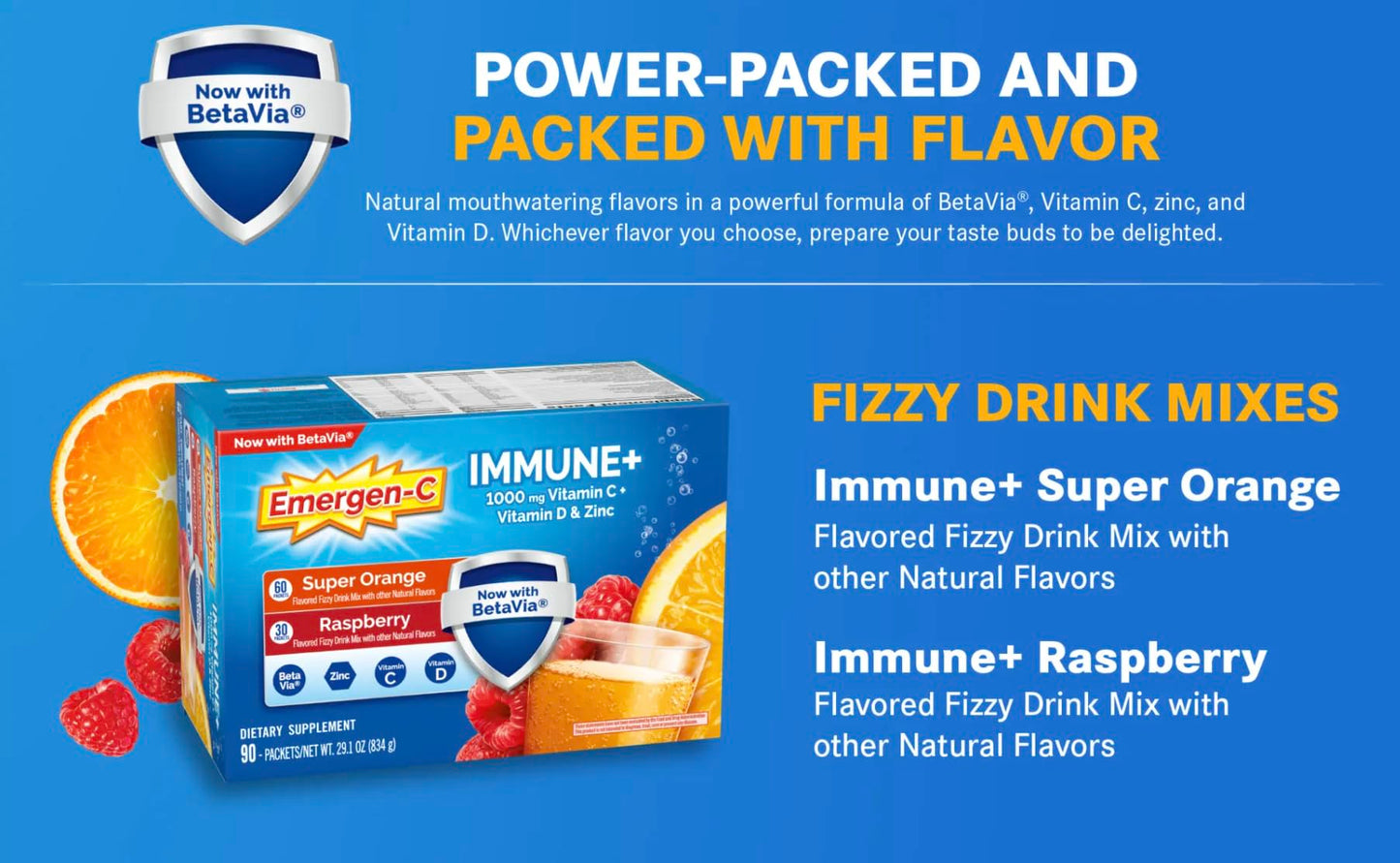 Emergen-C Immune+ 1000 mg Vitamin C + Vitamin D & Zinc Powder, 90 Packets