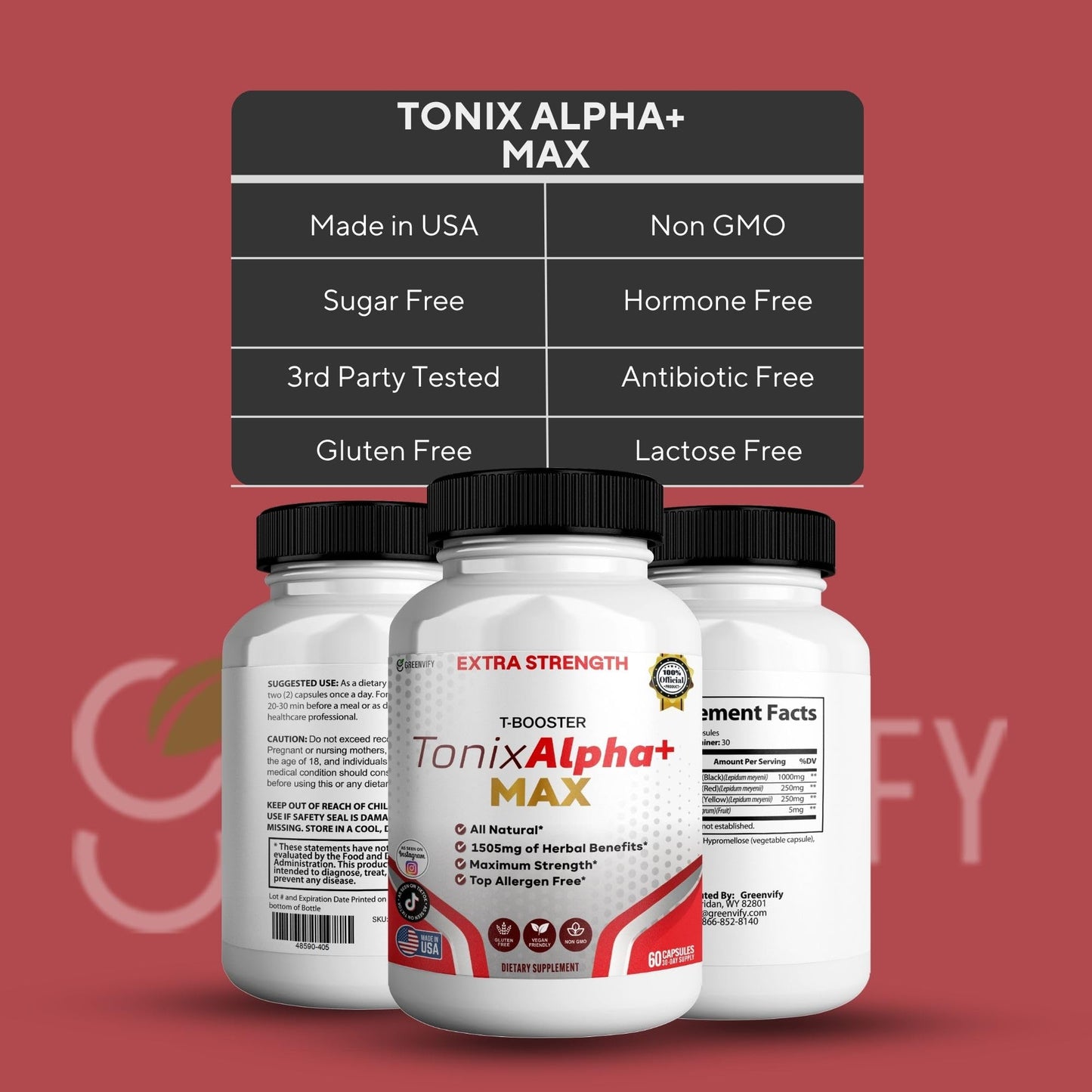 GREENVIFY Tonix Alpha+ Max T-Booster Supplement, 60 Capsules