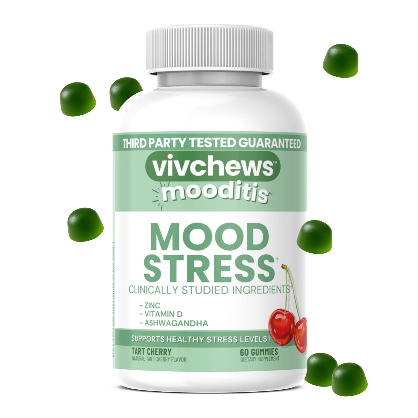 vivchews Mood & Stress Gummies Zinc, Vitamin D & Ashwagandha for Calm & Emotional Balance, Tart Cherry Flavor, Non-GMO, 60 Gummies