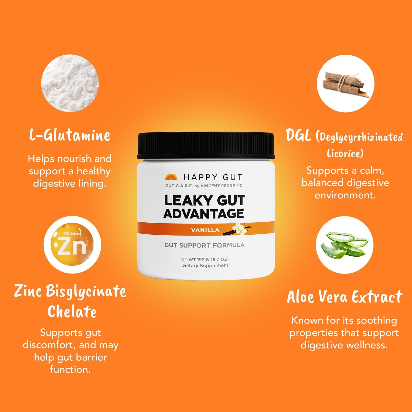 HAPPY GUT Leaky Gut Advantage L-Glutamine & DGL Vanilla Powder, 8 oz