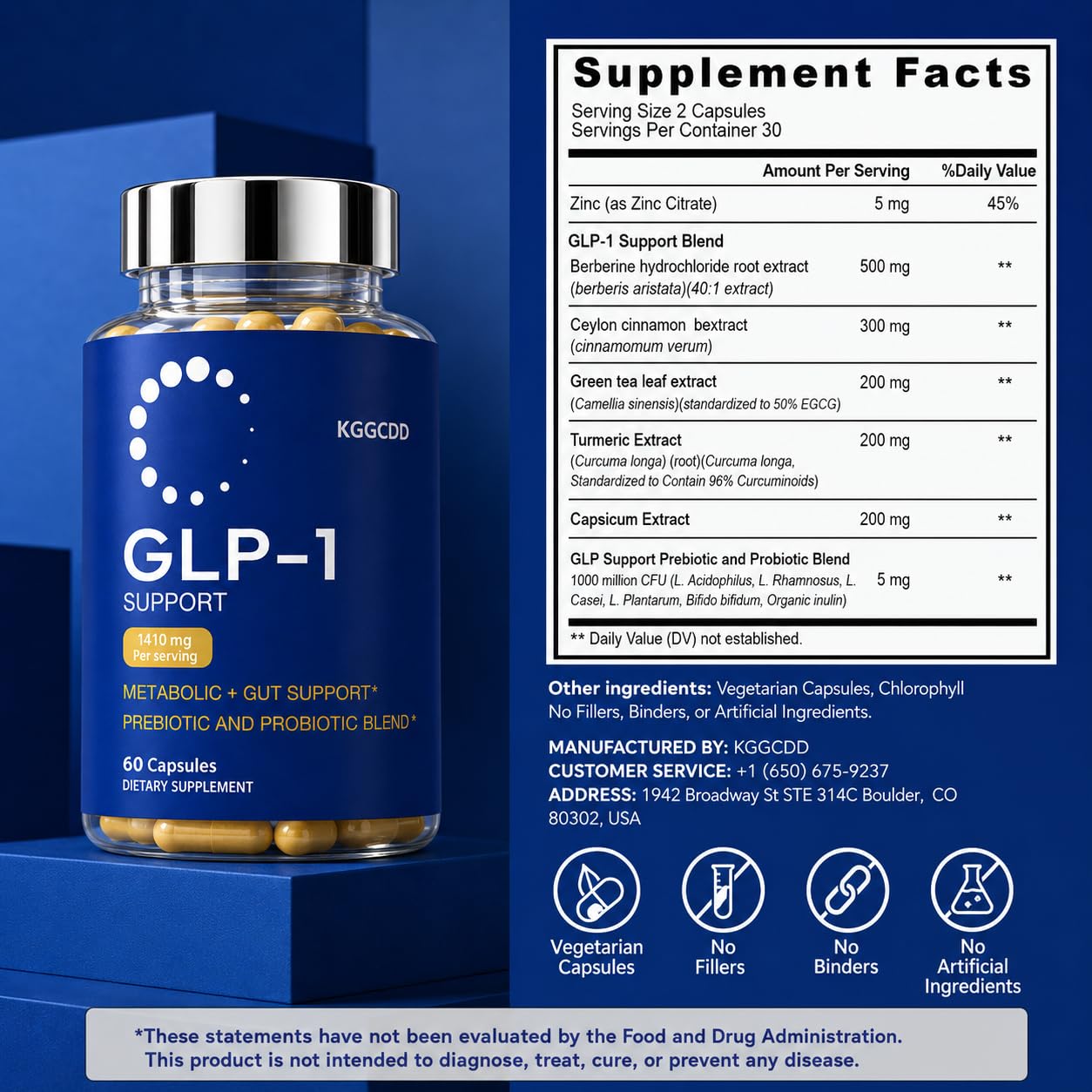 KGGCDD GLP-1 Support Supplement, Daily Metabolic and Gut Support, 62 Capsules