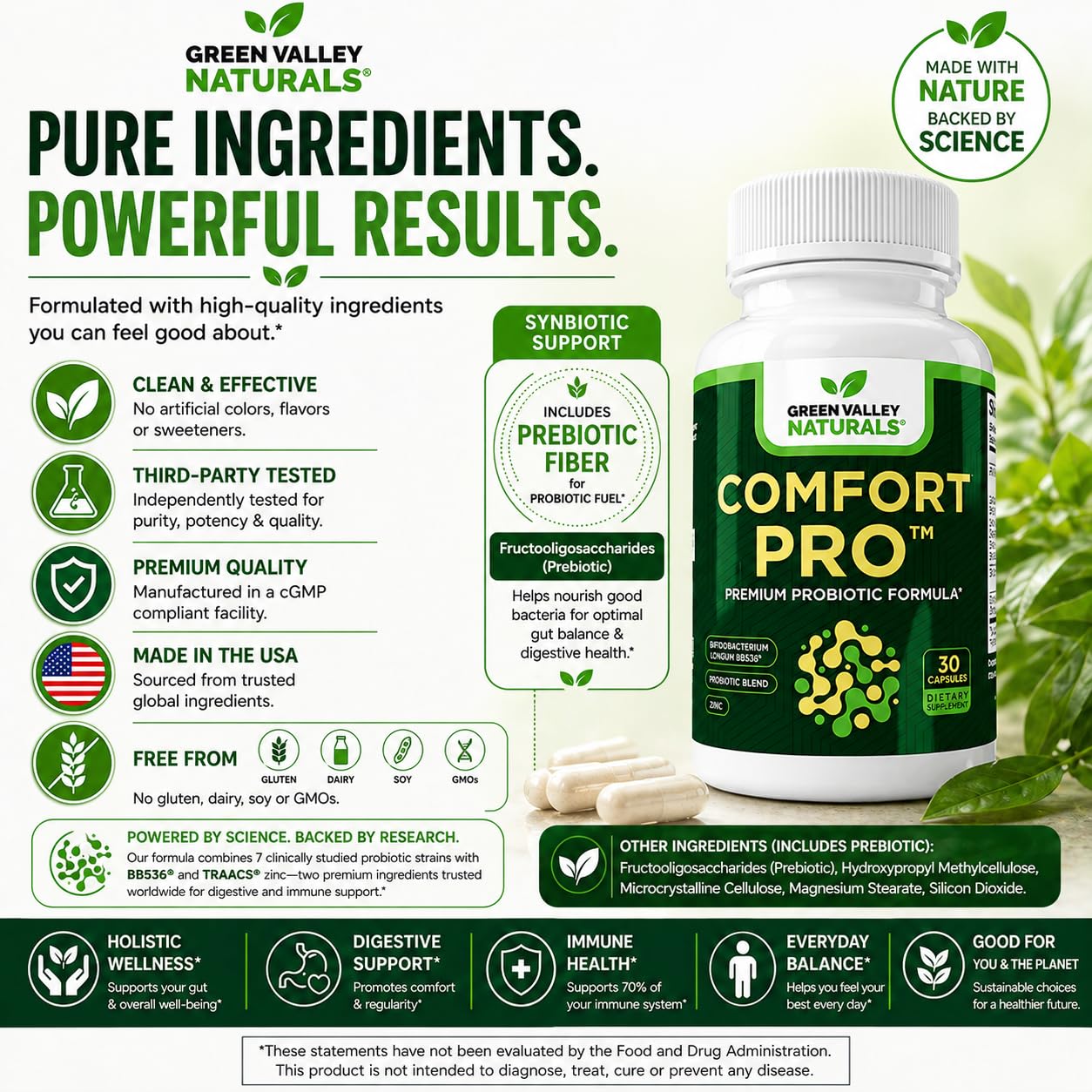 GREEN VALLEY NATURALS ComfortPro Daily Probiotics for Digestive Health, 60 Capsules