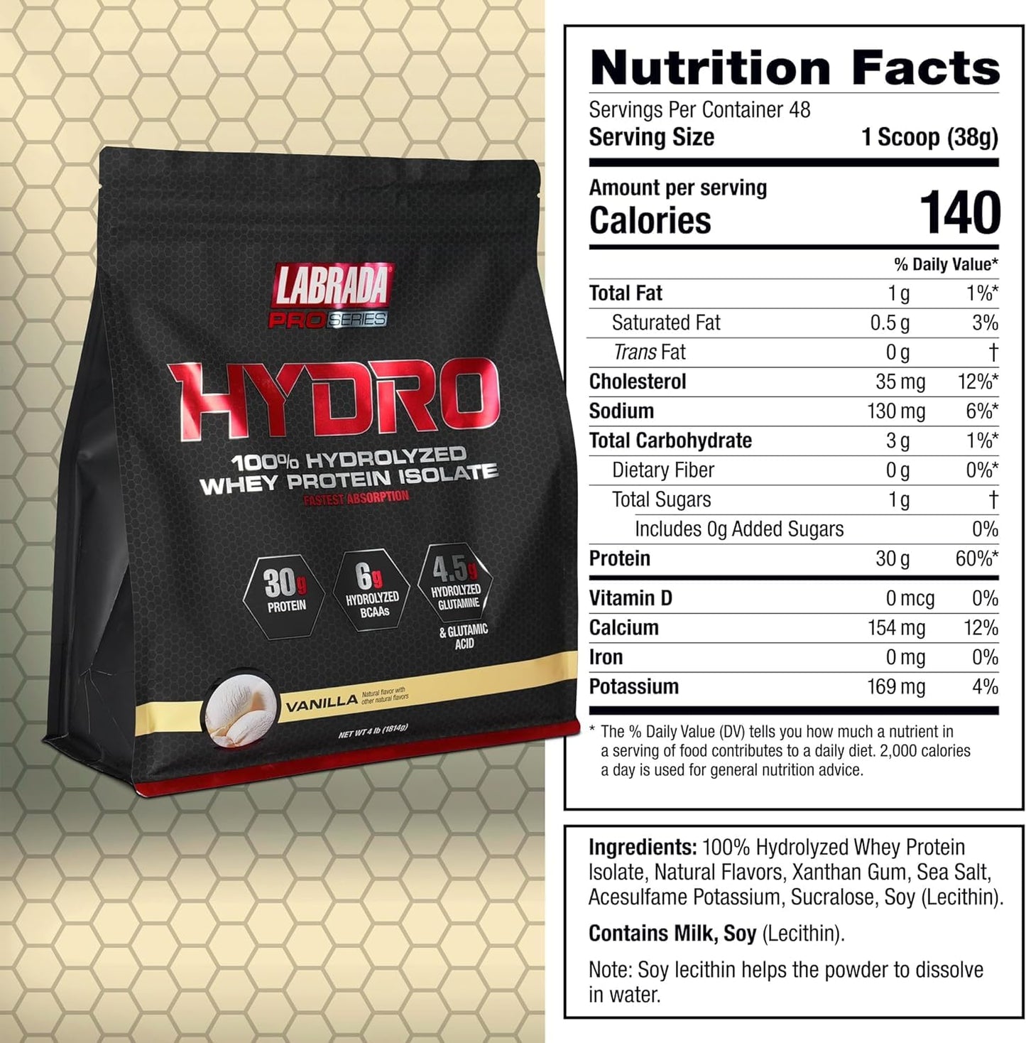 Labrada Hydro 100% Pure Hydrolyzed Whey Protein Isolate Powder, Vanilla, 64 Servings, 4 lb