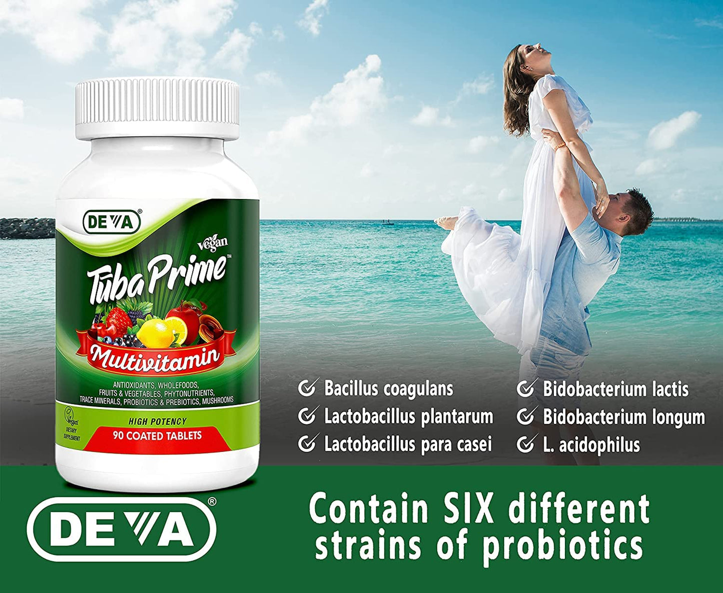DEVA Tuba Prime Vegan Multivitamin High-Potency Vitamin and Mineral Dietary Supplement Antioxidants, Fruit and Vegetable Blend, Super Mushrooms, Probiotics, Prebiotics, Seeds, Herbs - 180 Tablets