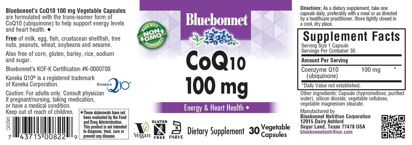 BlueBonnet CoQ-10 100 mg Vegetarian Capsules, 30 Count