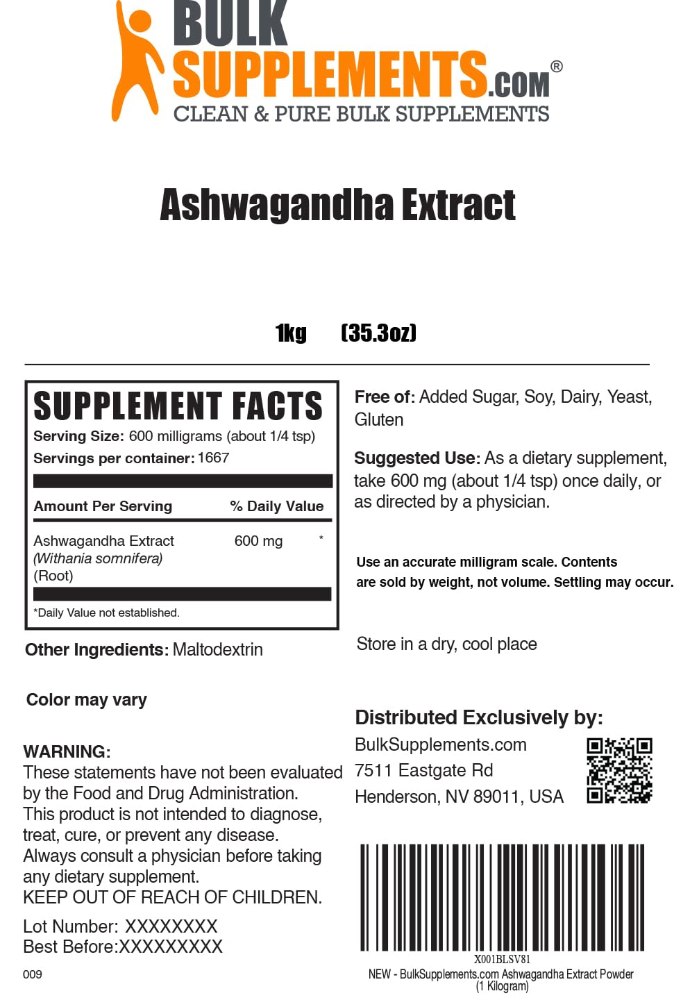 BulkSupplements Ashwagandha Root Extract Powder, Powder, 35.27 oz