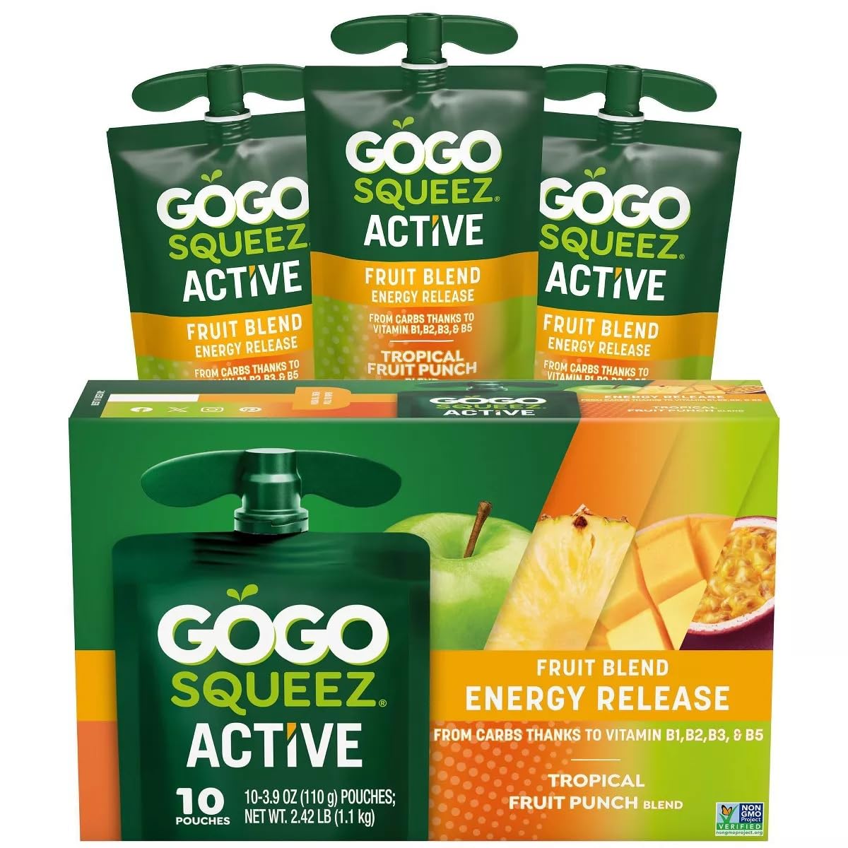 KD Chocolates GoG0 SqueZ Active Fruit Blend Energy Release Tropical Fruit Pouches, 10 ct