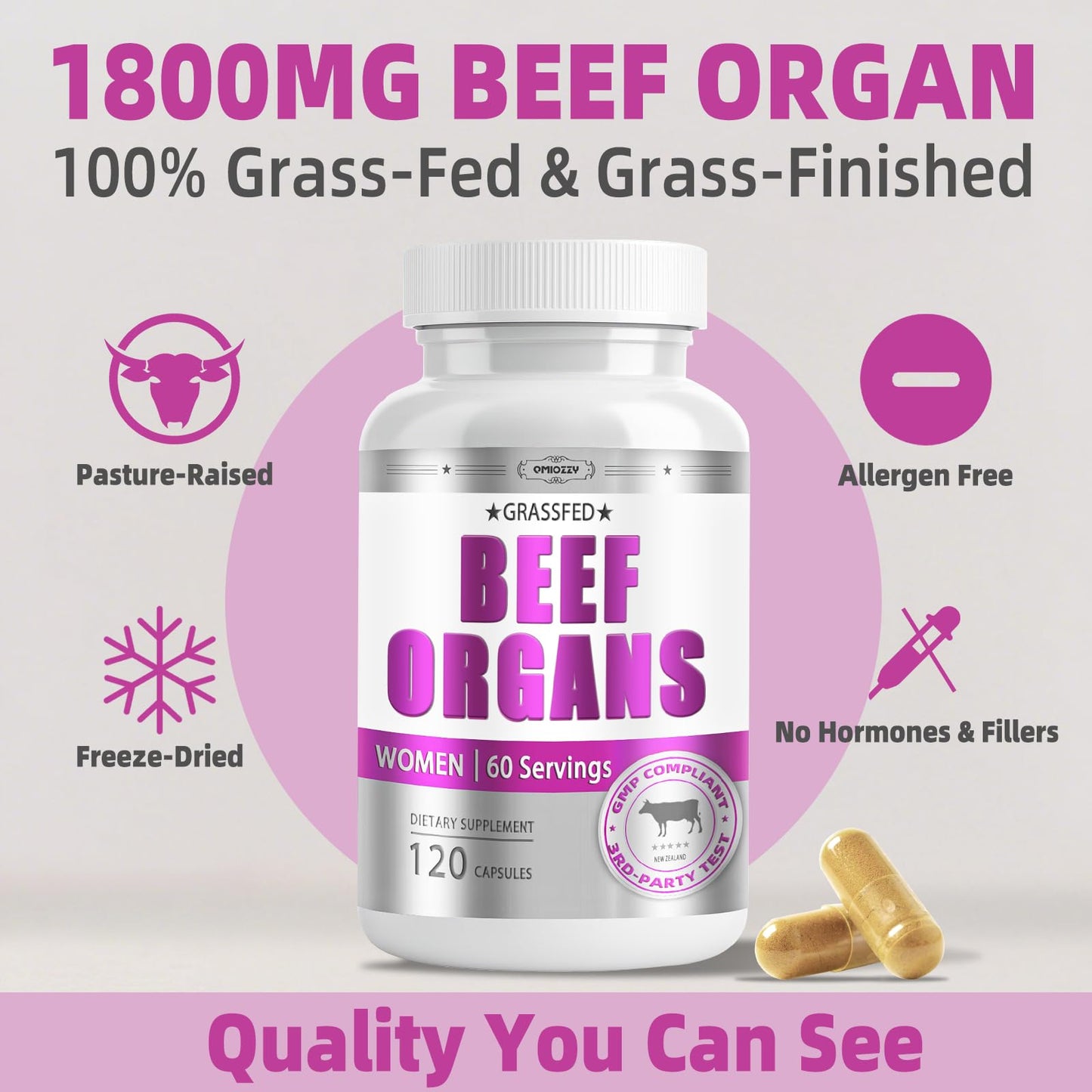 Qmiozzy Beef Liver Organ Supplement Capsules, 120 Count
