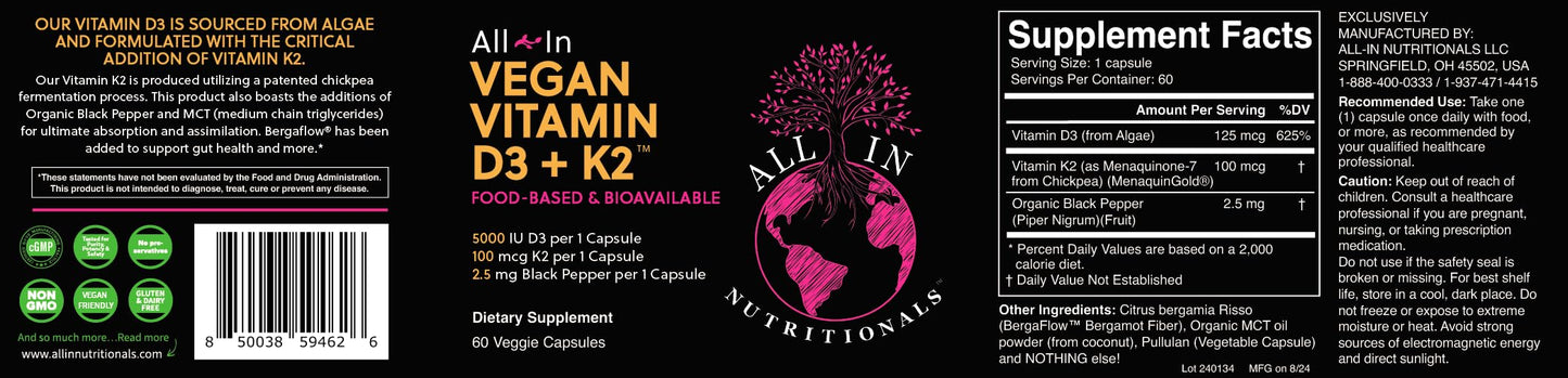 All In Nutritionals Vegan Vitamin D3 + Vitamin K2 Capsule, 60 Count