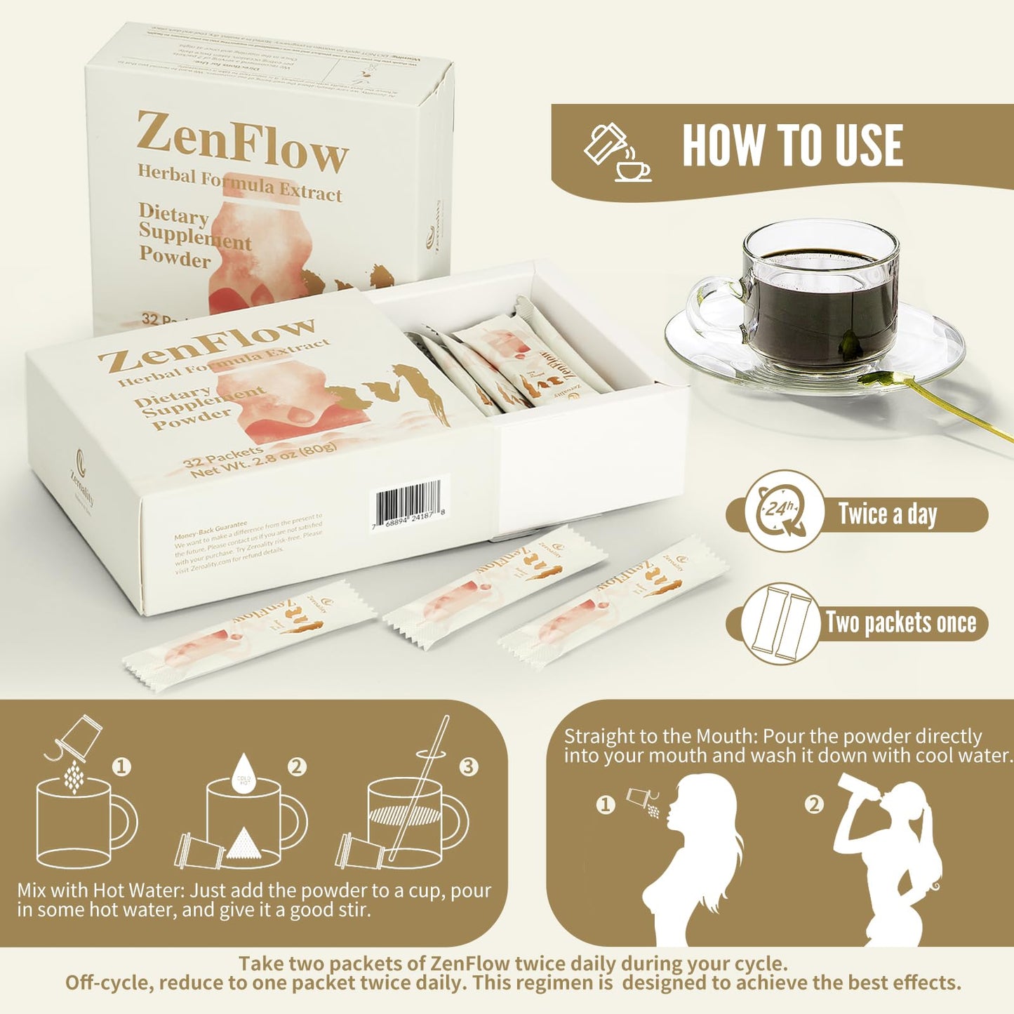 Zeroality ZenFlow PMS and Menstrual Support Supplement, Powder, 11.2 oz