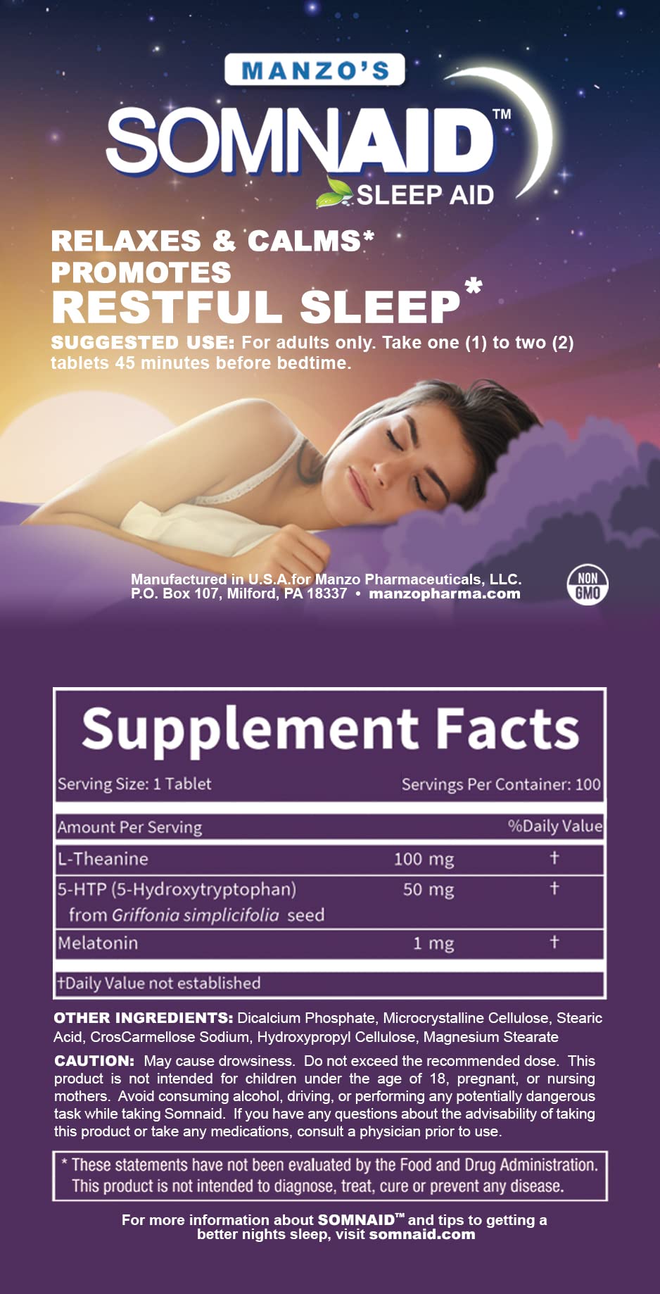 Manzo Pharmaceuticals, LLC Somnaid Natural Nighttime Sleep Aid Tablet 100