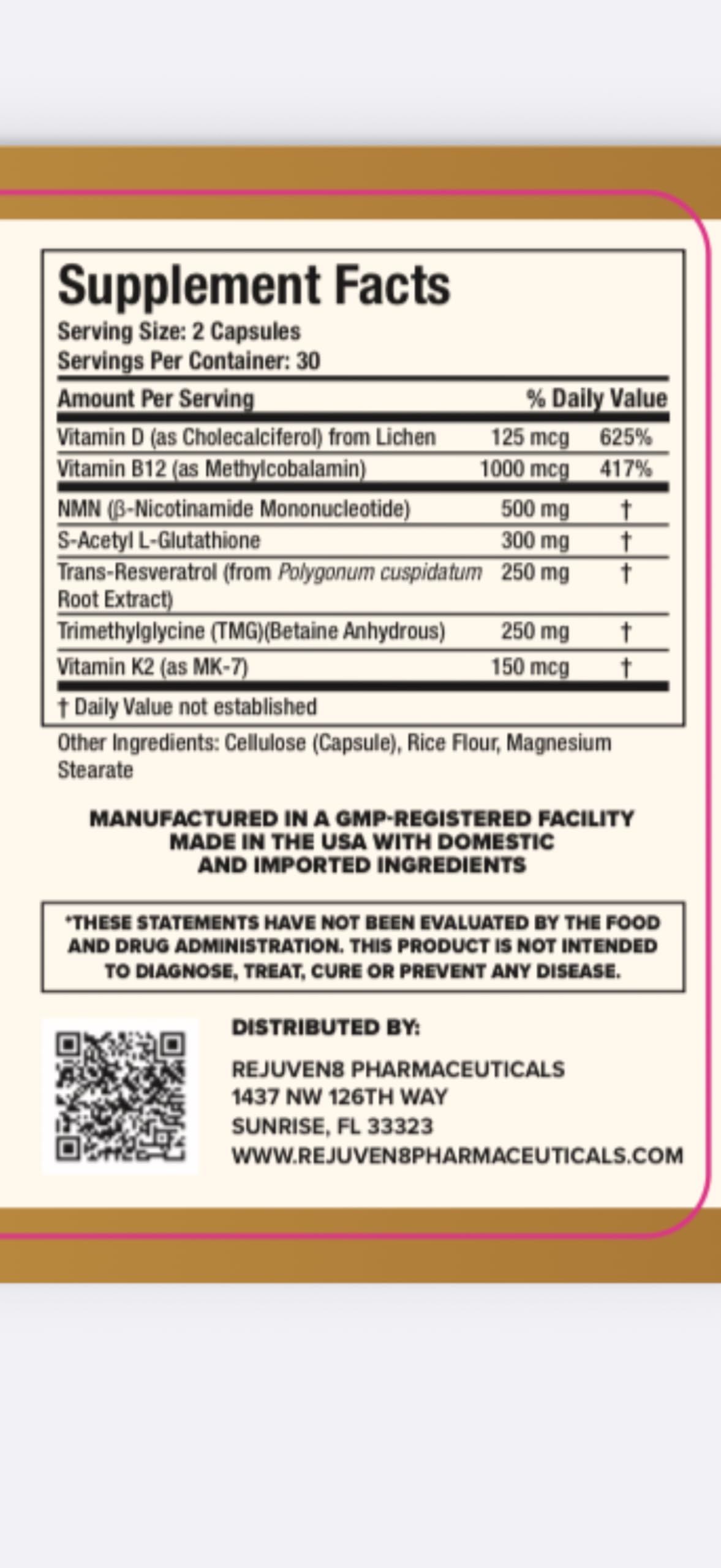 Rejuven8 Pharmaceuticals Infinity Cellular Renewal NMN Capsule 60 Capsules