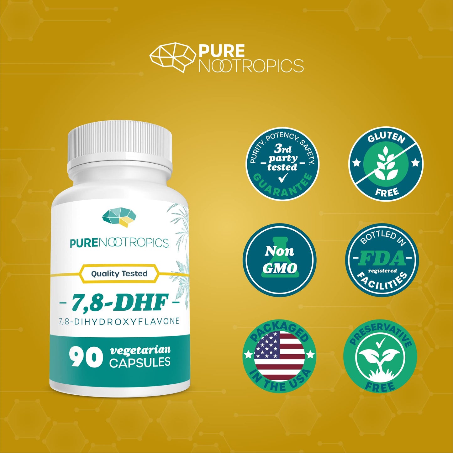 Pure Nootropics 7,8-DHF (7,8-Dihydroxyflavone) 25 mg Capsules, 90 Count