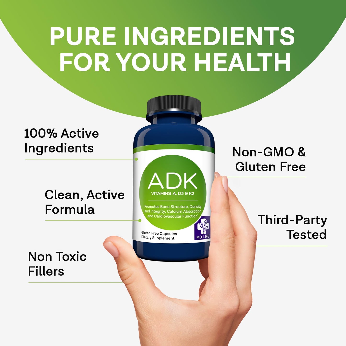 MD.LIFE ADK Vitamin Supplement with Vitamin D3 K2 and A Capsules, 30 Count