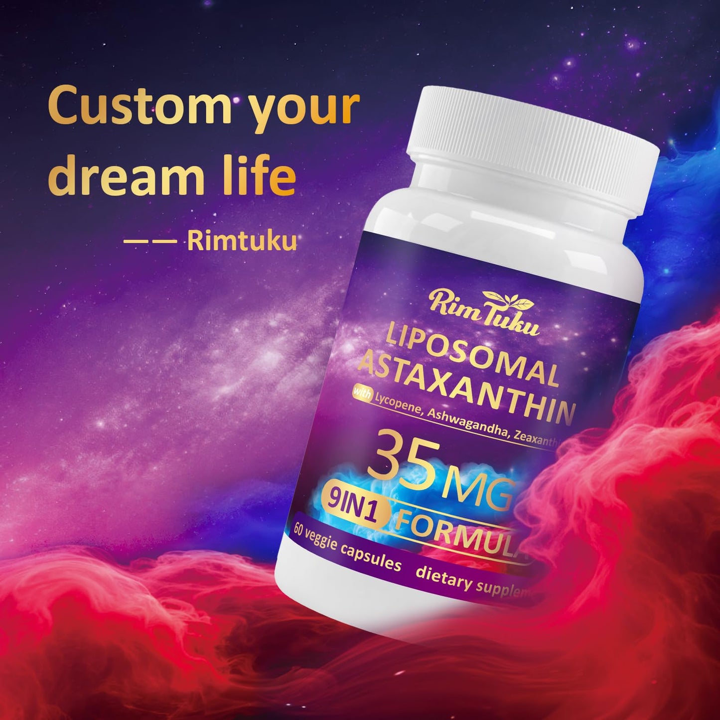 RimTuku Liposomal Astaxanthin Supplement Complex 9-in-1 with Ashwagandha, Lycopene, Zeaxanthin, Antioxidant Support Eye, Skin & Joint Health, 60 Capsules
