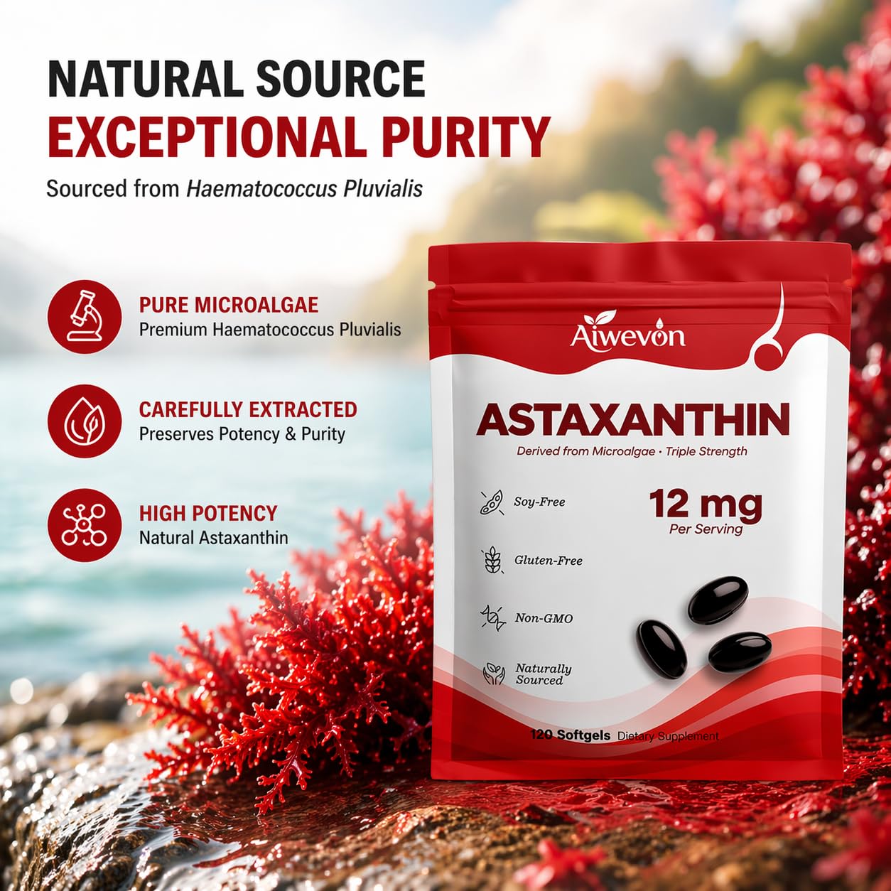 Aiwevon Astaxanthin 12mg Softgels, 120 Softgels