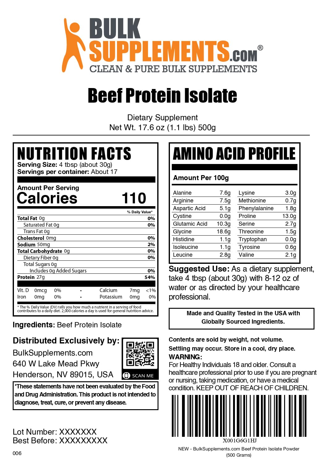 BulkSupplements Beef Protein Isolate Powder, 1.1 lb