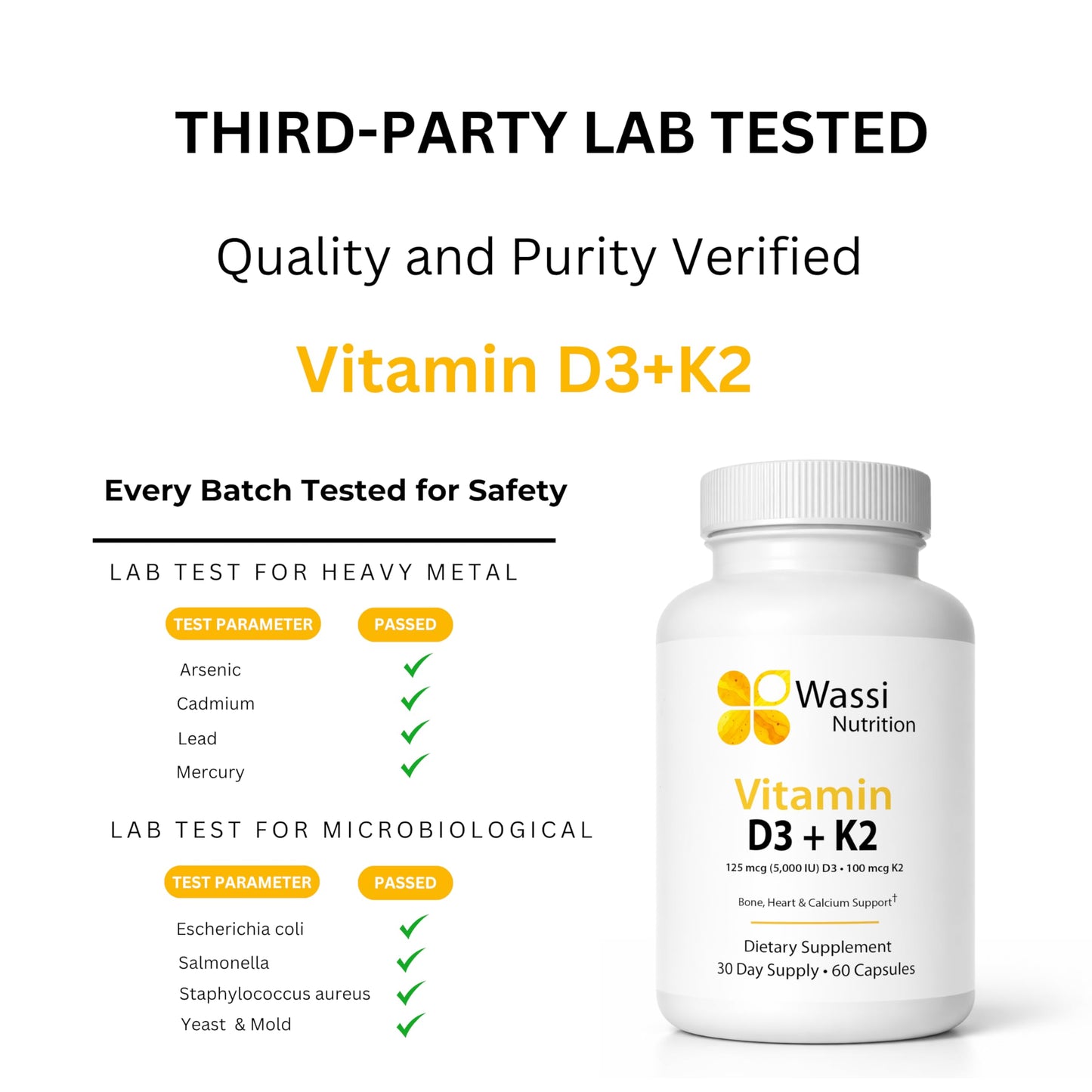 Wassi Nutrition Vitamin D3 K2 Supplement 5000 IU, 60 Capsules