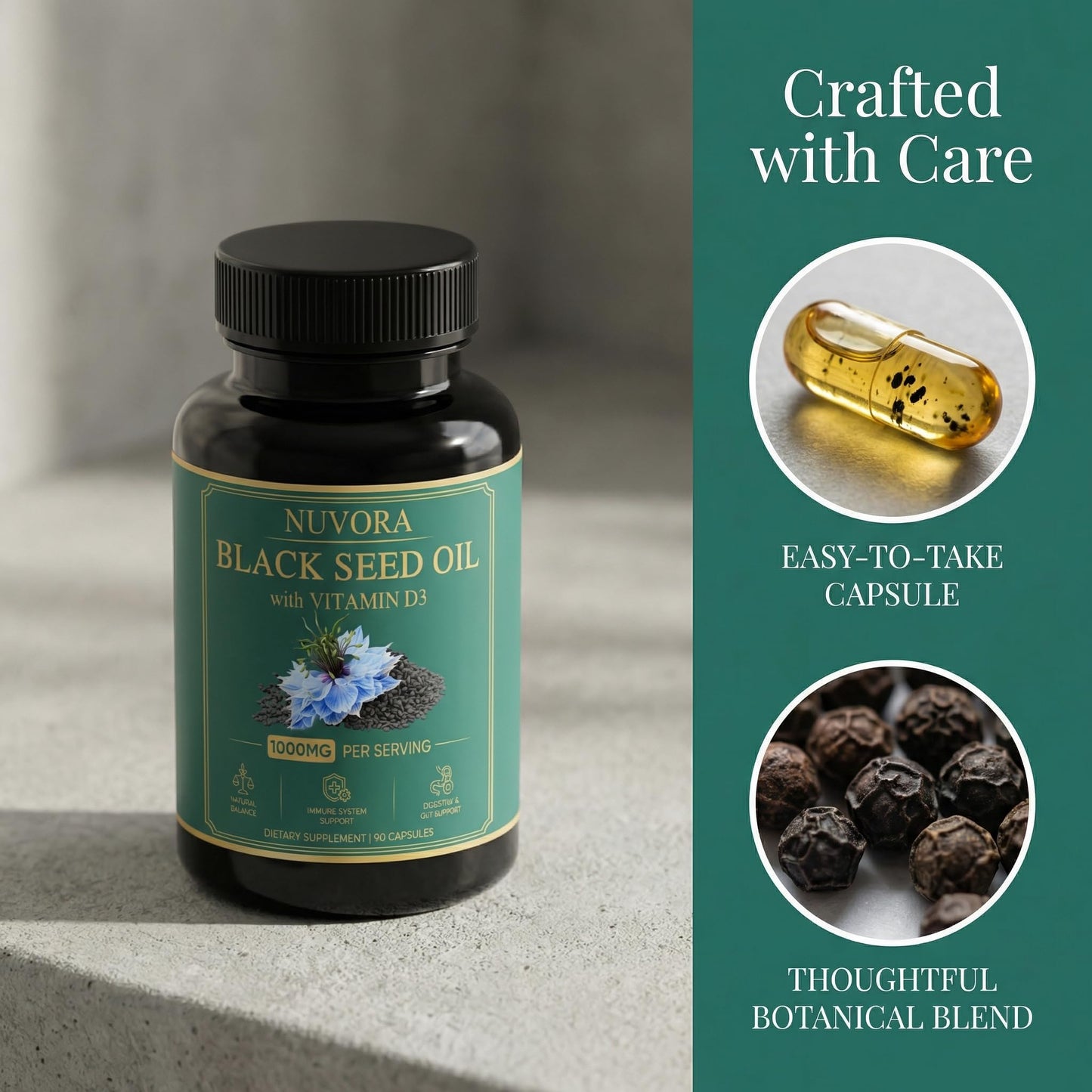 KBKTWOLT Nuvora Black Seed Oil Capsules 1000mg with Turmeric & Black Pepper Extract, Standardized 5% Thymoquinone for Daily Balance & Immune Support, Non-GMO, Gluten-Free 90 Capsules
