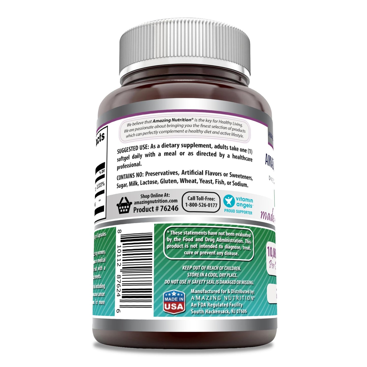 Amazing Nutrition Biotin with Extra Virgin Organic Coconut Oil Supplement Softgels 240 Count