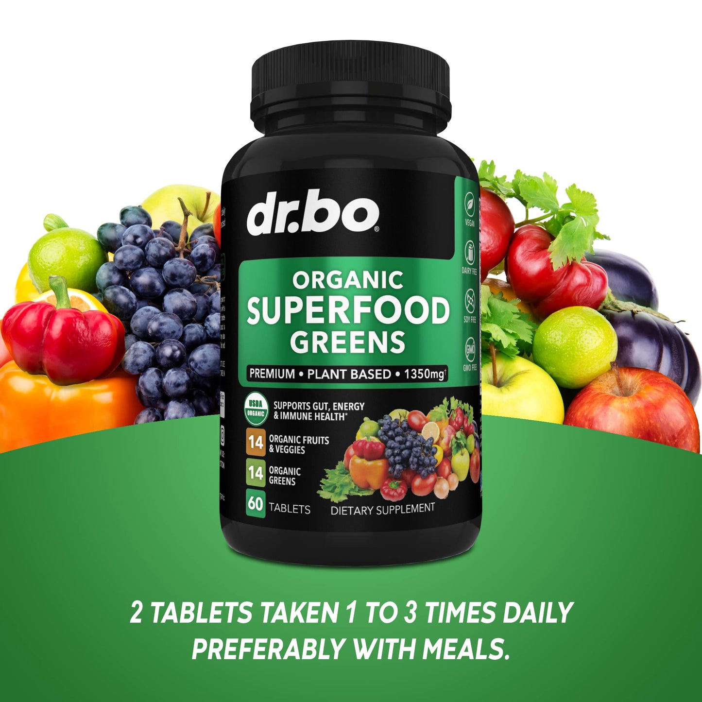DR. BO Adrenal Support & Organic Superfood Greens & Fruit Supplements Tablets 120