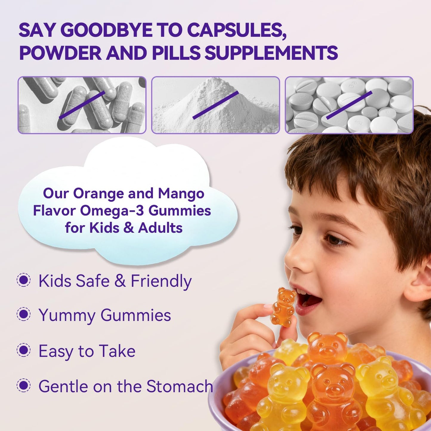Crasye Omega 3 Gummies for Kids & Teens - Sugar Free Omega DHA & EPA Supplement Gummy for Children Brain and Immunity - No Fish Burps, Vegan, 120 Gummies