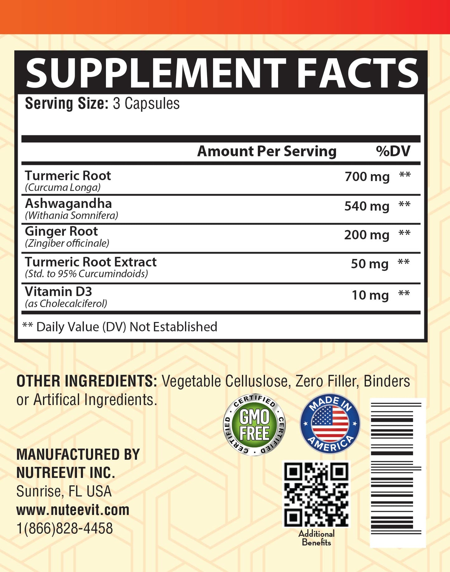 NutreeVit Organic Turmeric with Ashwagandha & Ginger Capsules 90 Count