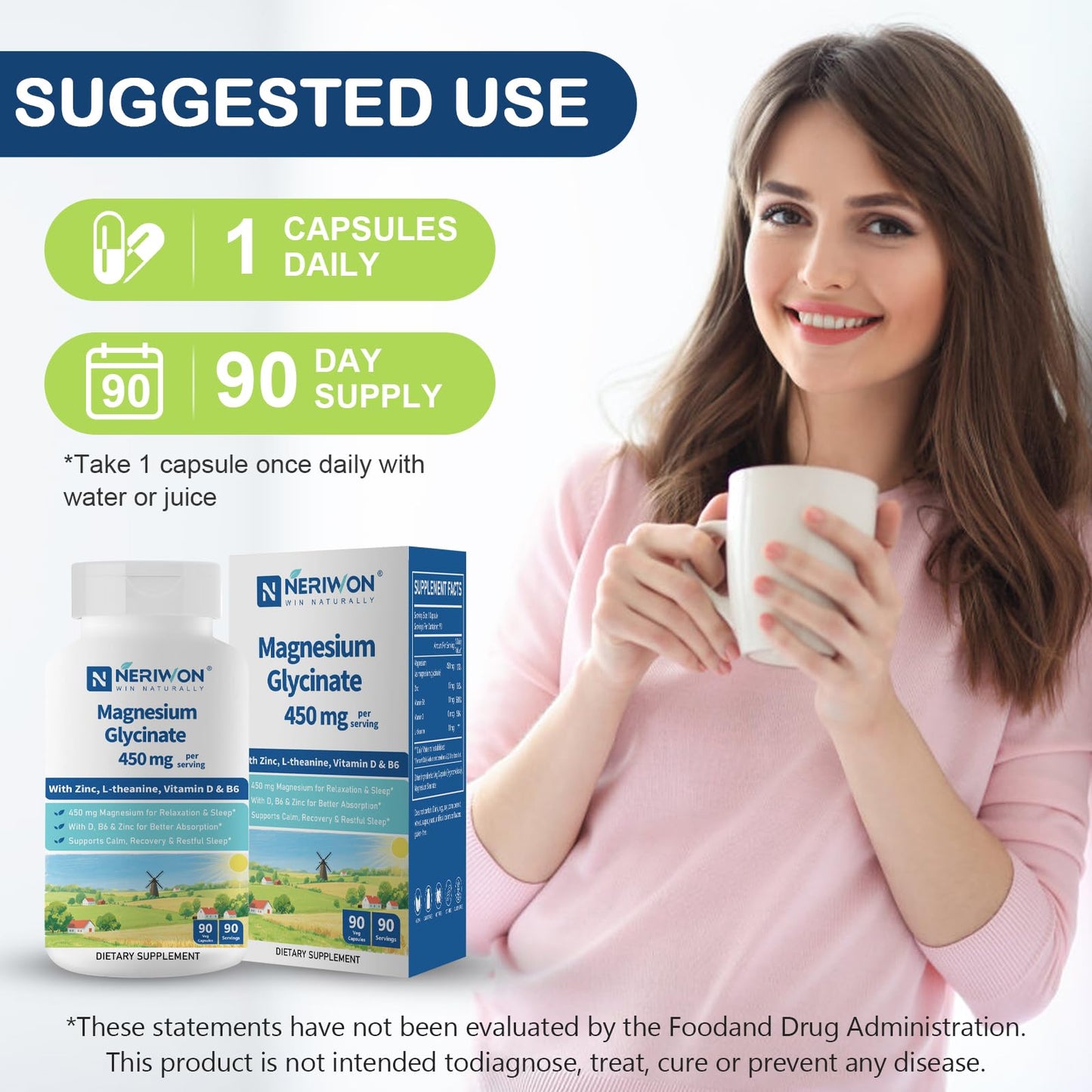NERIWON High Absorption Magnesium Glycinate 450 mg Capsules, 90 Count
