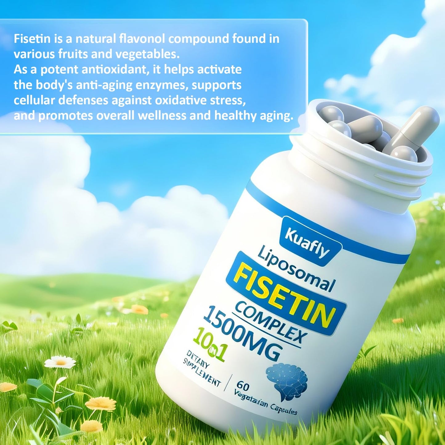 KUAFLY Liposomal Fisetin Supplement 1500MG, 10 in 1 Formula with NAC for Brain Health Support & Antioxidant, Gluten Free Non-GMO, 120 Capsules