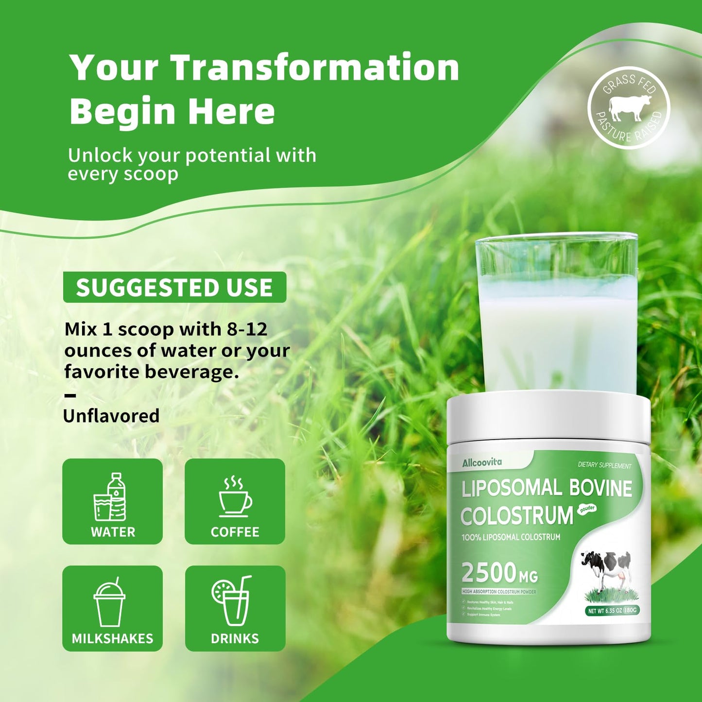 Allcoovita Liposomal Bovine Colostrum Powder 6.35 oz