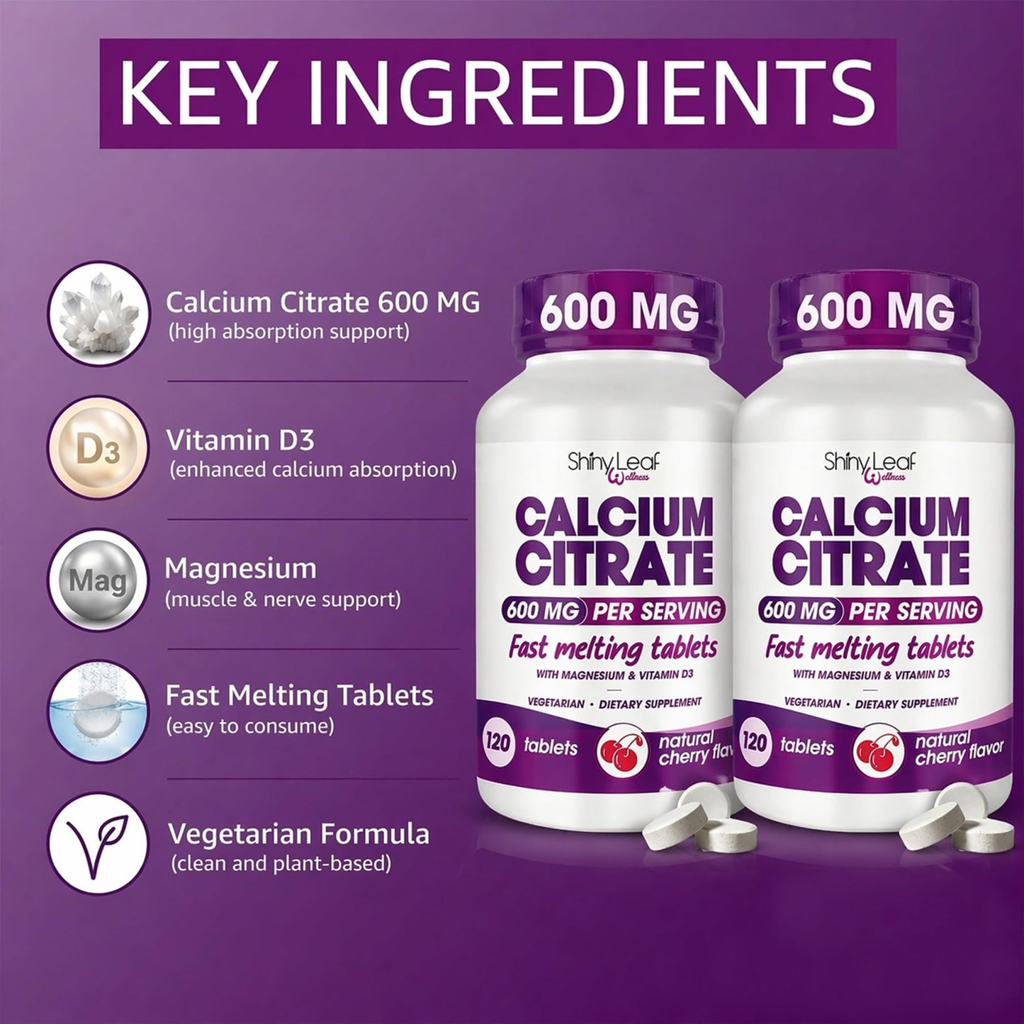 Shiny Leaf Calcium Citrate 600mg with Magnesium, Cherry Flavor, 240 Tablets