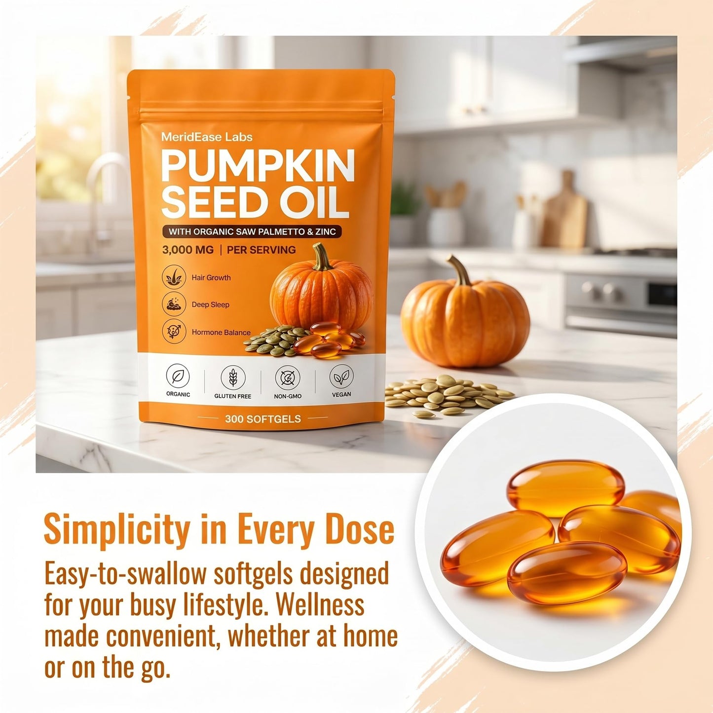 Guluxly Pumpkin Seed Oil Softgels with Natural Phytosterols & Essential Fatty Acids, Cold Pressed Formula for Urinary Health, Hair & Skin Support, Non-GMO Daily Wellness Supplement, 300 Softgels