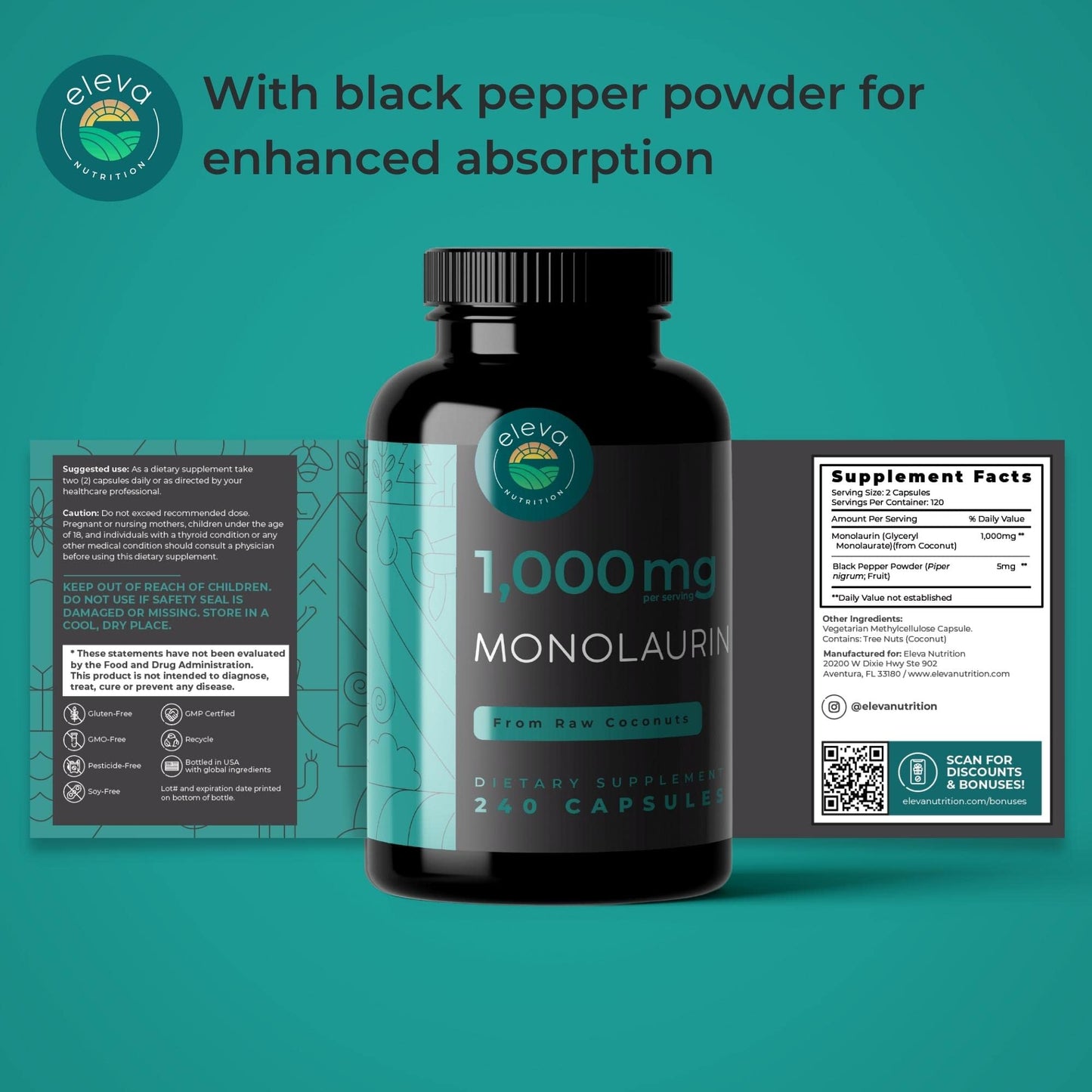 Eleva Nutrition Monolaurin 1000mg Capsules, 240 Capsules