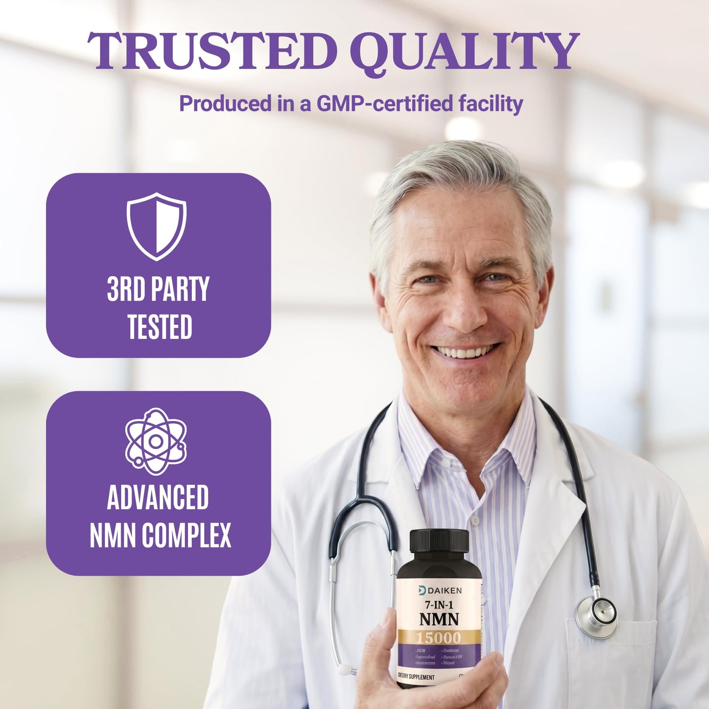 DAIKEN NMN Supplement 15000 Complex with CoQ10, D3 & Resveratrol, 90 Capsules
