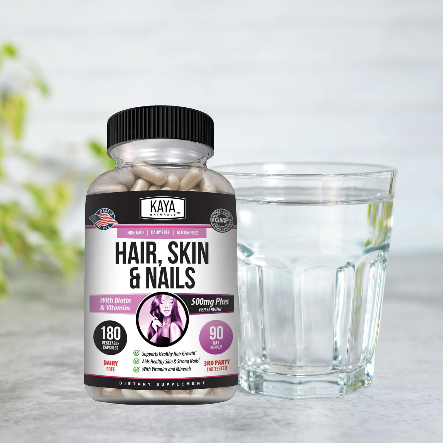 Kaya Naturals Hair Skin Nail Biotin Capsules with Vitamin D, Vitamin B-12 & Folic Acid Hair Support Vitamin Supplement, 180 Capsules