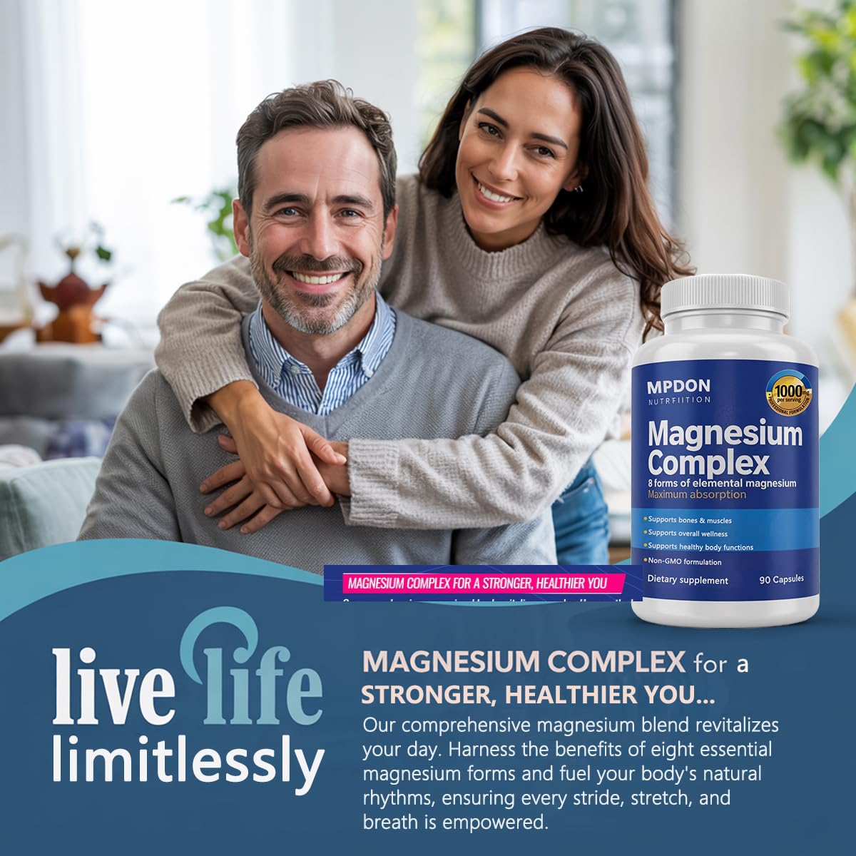 MPDON 8-in-1 Magnesium Complex 1000mg - Features Elemental Magnesium & Citrate, Capsule, 1 Count