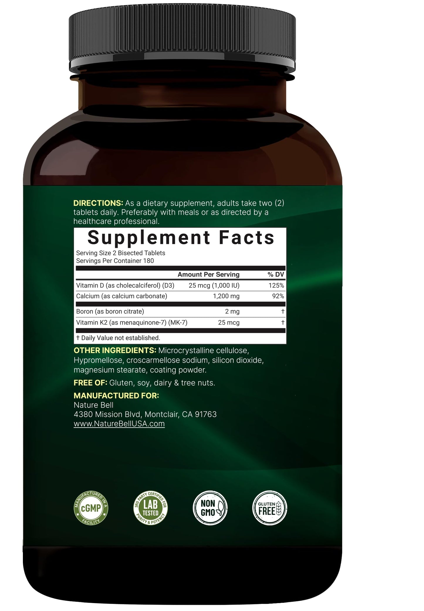 NatureBell Calcium 1,200 mg Per Serving with Vitamin D3, K2 & Boron, 360 Tablets